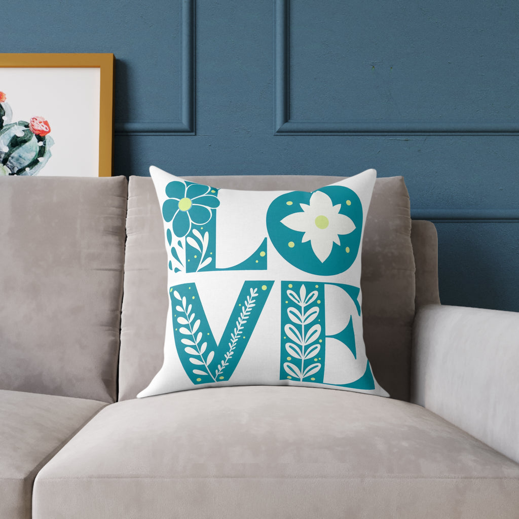 Pillow, Bold 3D Love Typography Surrounded By Nature, Square Poly Canvas Pillow, Home Decor, Gift for Her, Modern Cushion Cover, Love Quote