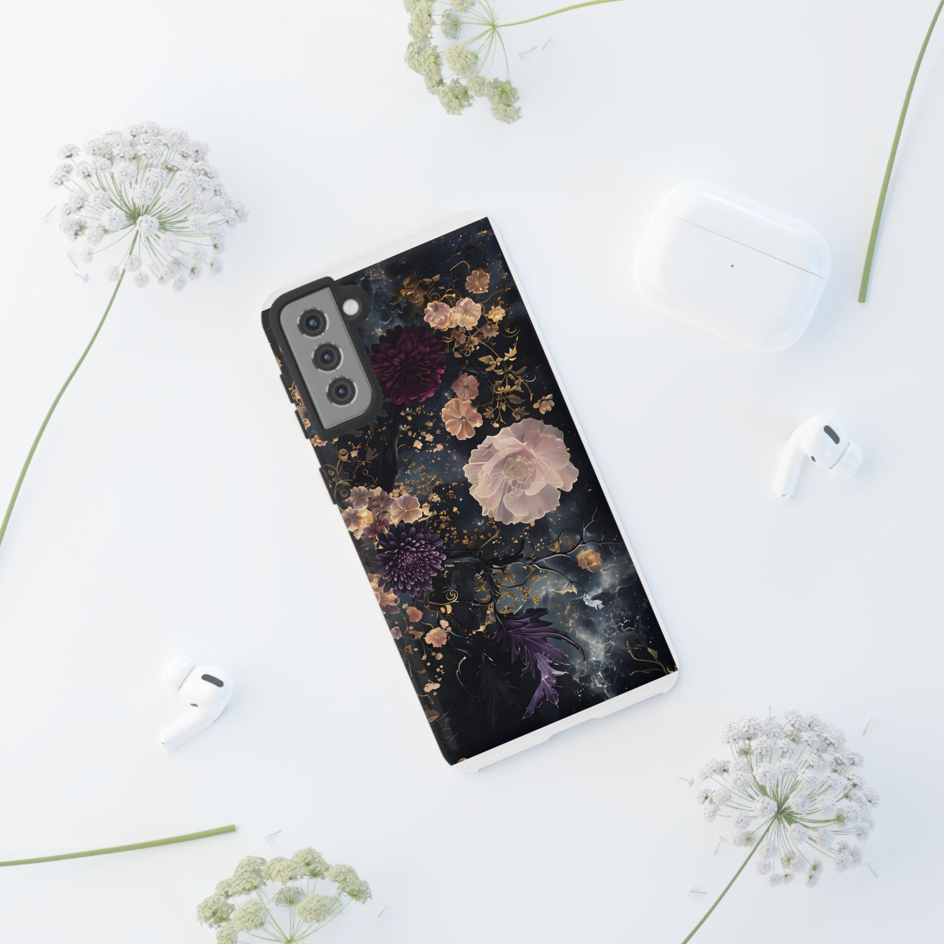 Phone Case, Whimsical Floral Pattern Against Cosmic Nebulous Background. Galaxy, Space, Tough Protective Cover, Unique Gift, Trendy