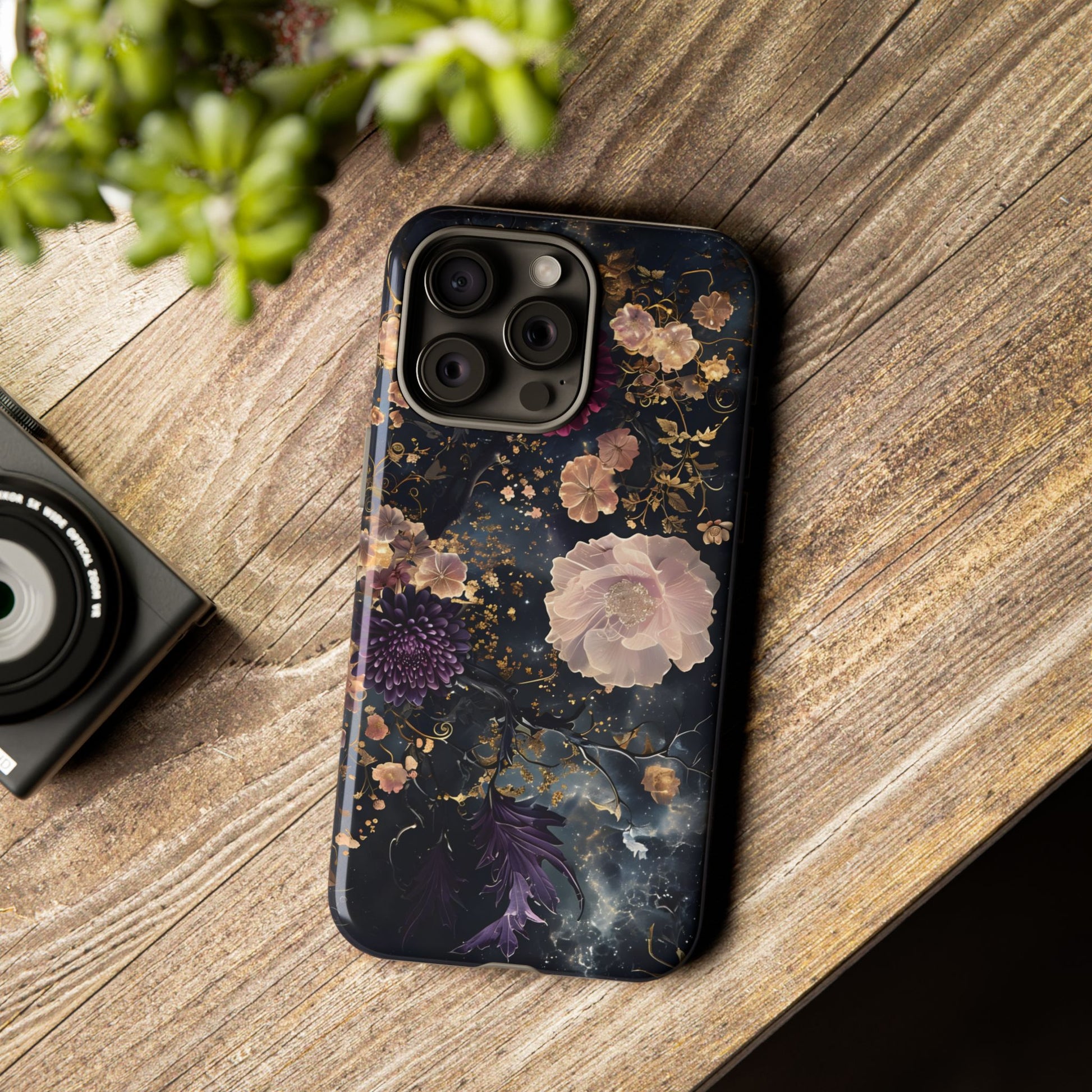 Phone Case, Whimsical Floral Pattern Against Cosmic Nebulous Background. Galaxy, Space, Tough Protective Cover, Unique Gift, Trendy