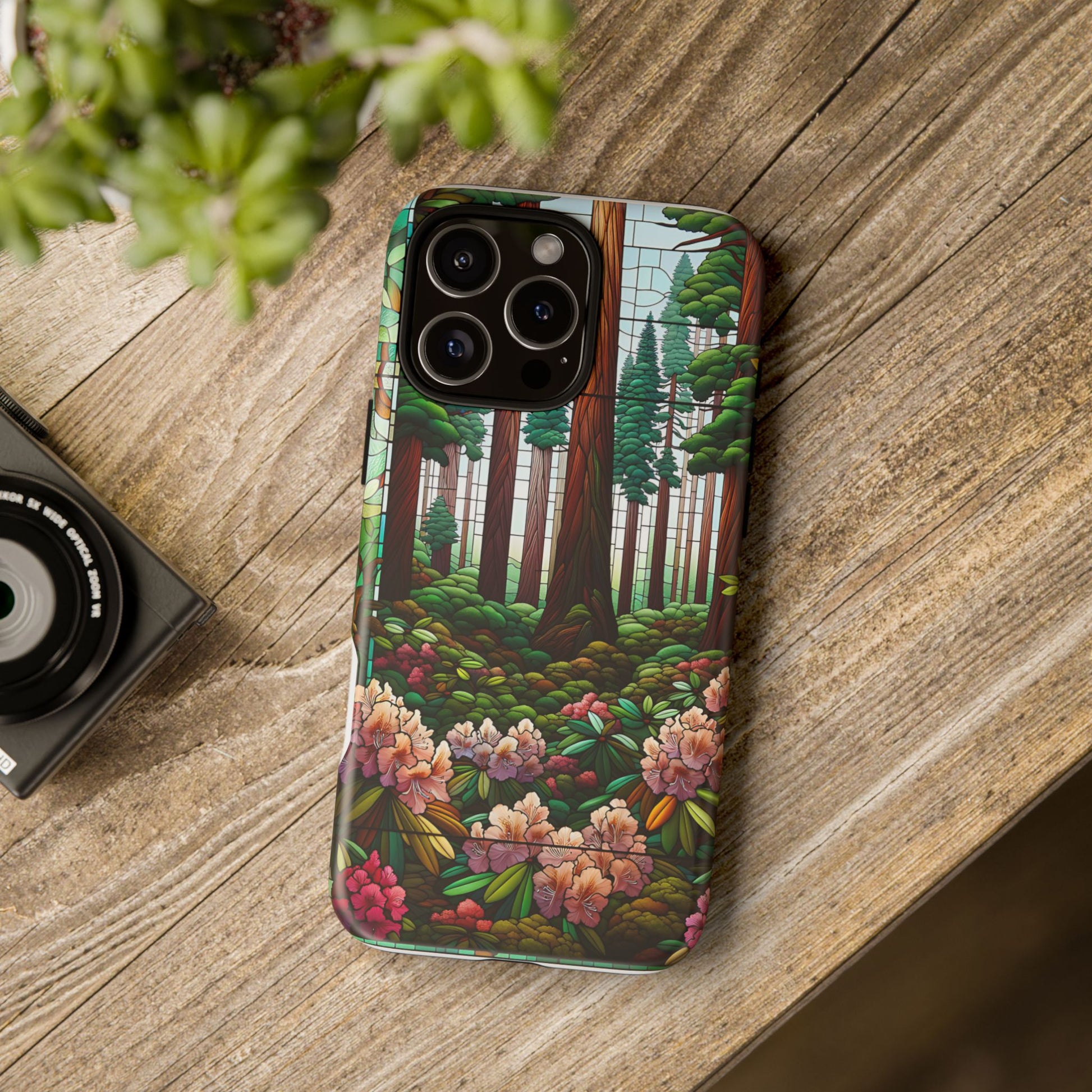 Nature Inspired Tough Cases - Redwood Trees & Rhododendrons Stained Glass iPhone Cover, Protective Phone Shell, Unique Samsung Galaxy Case,