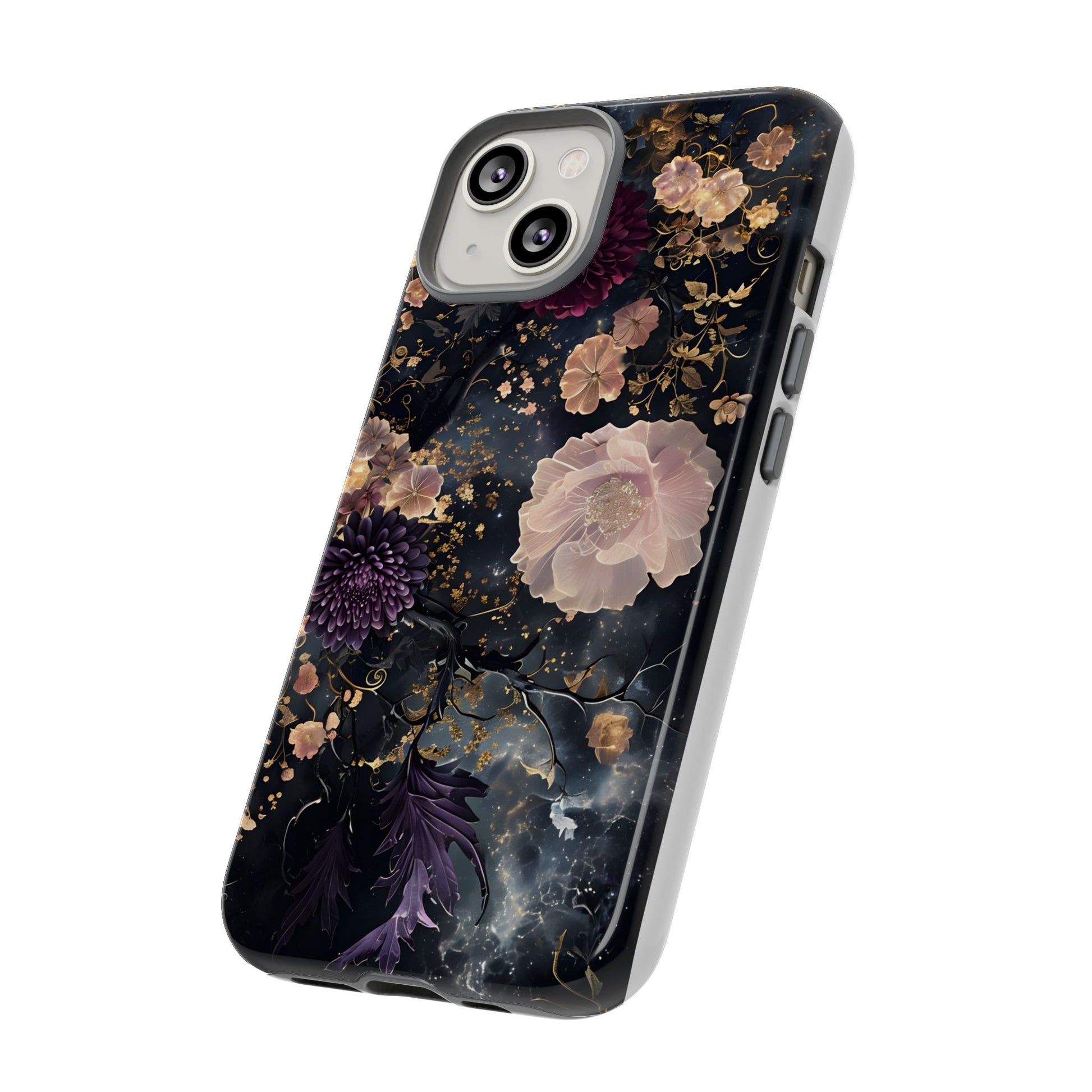 Phone Case, Whimsical Floral Pattern Against Cosmic Nebulous Background. Galaxy, Space, Tough Protective Cover, Unique Gift, Trendy
