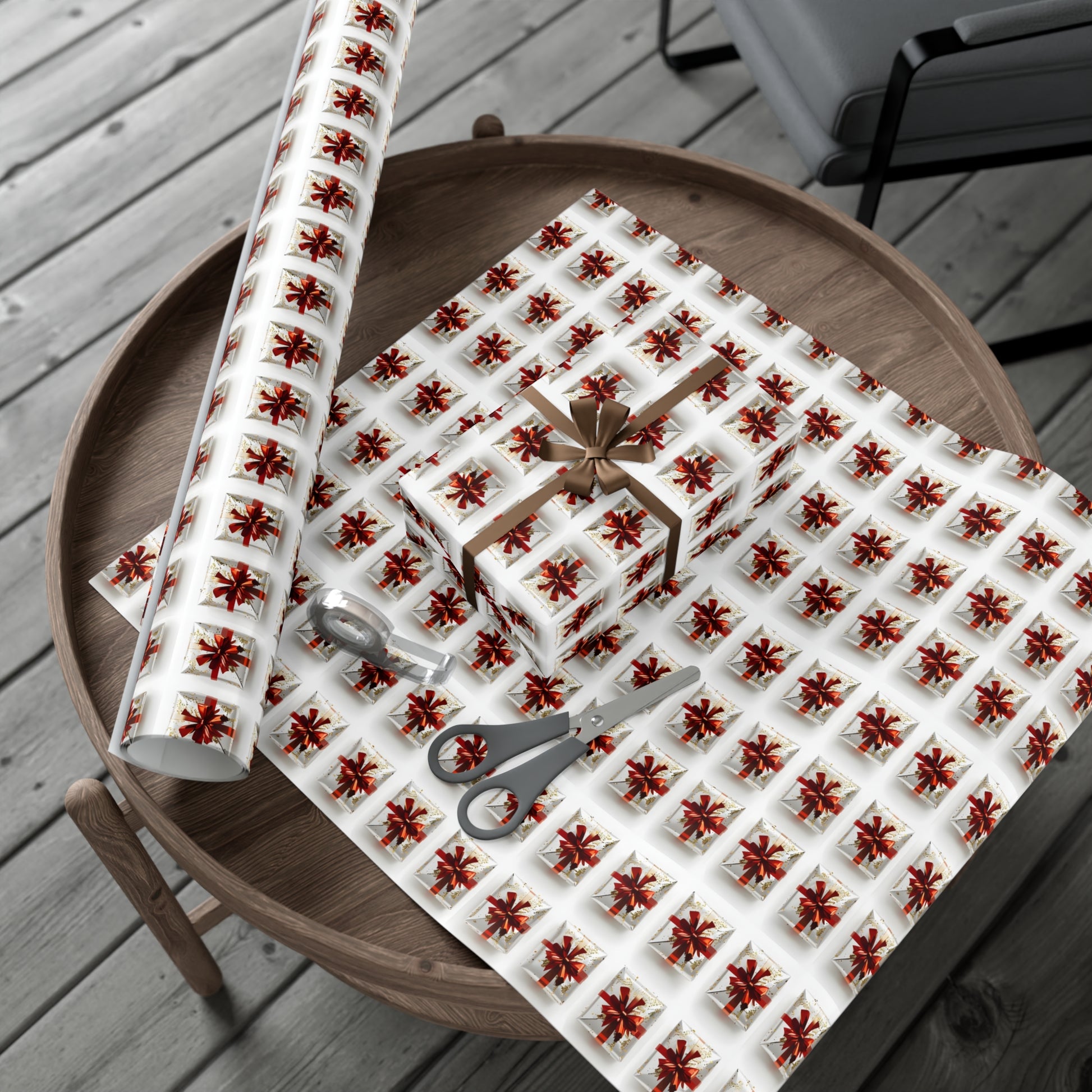 Wrapping Paper, Elegantly Wrapped Gifts On White Background with Red Bows - Gift Wrap Rolls, Eco-Friendly Gift Wrap, Holiday Season Wrapping