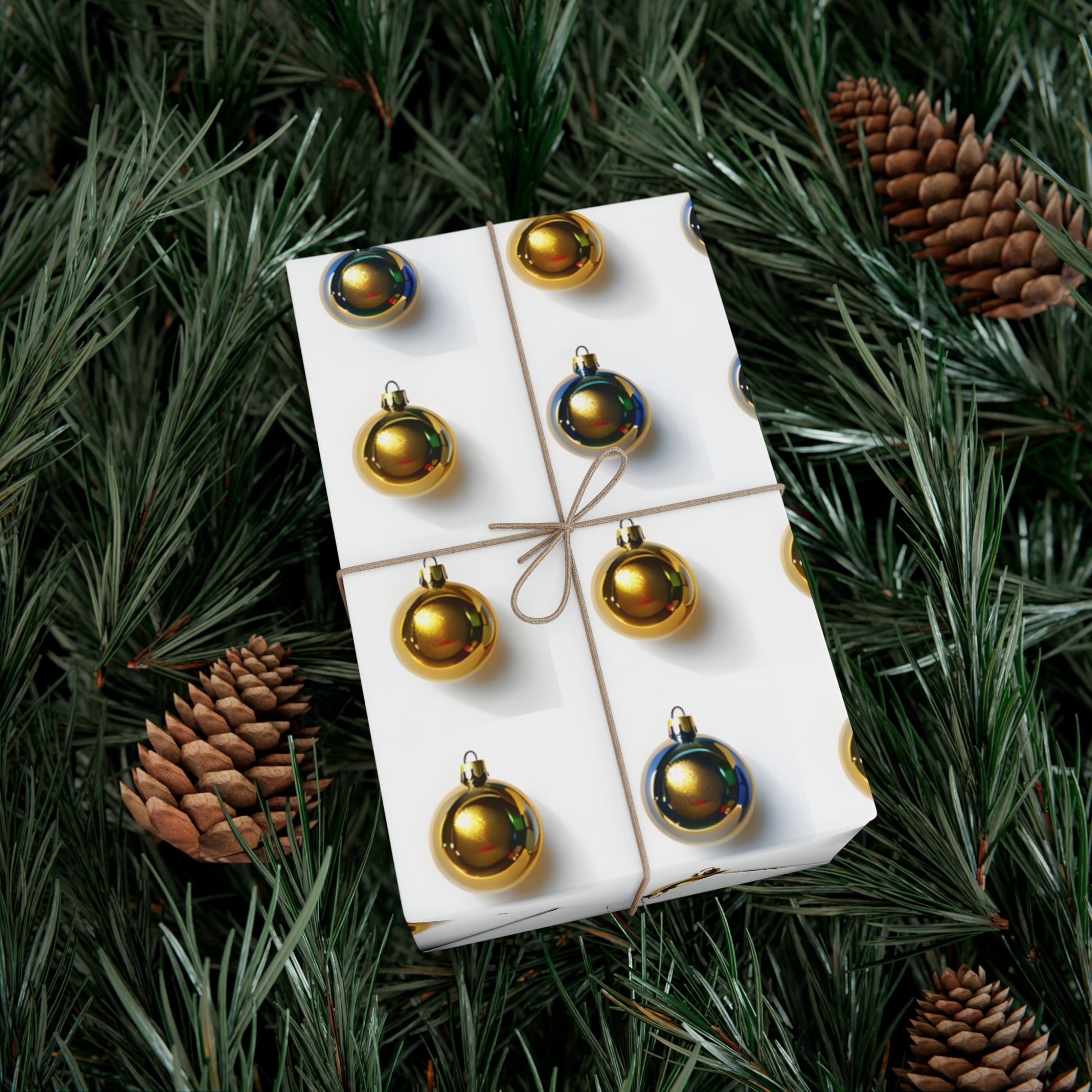 Wrapping Paper, Gold Christmas Ornaments On White Background - Gift Wrap Rolls, Eco-Friendly Gift Wrap, Holiday