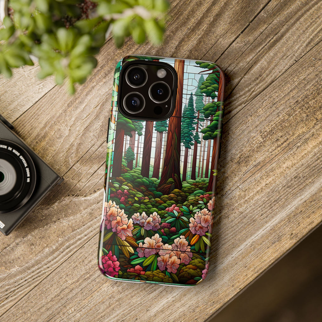 Nature Inspired Tough Cases - Redwood Trees & Rhododendrons Stained Glass iPhone Cover, Protective Phone Shell, Unique Samsung Galaxy Case,