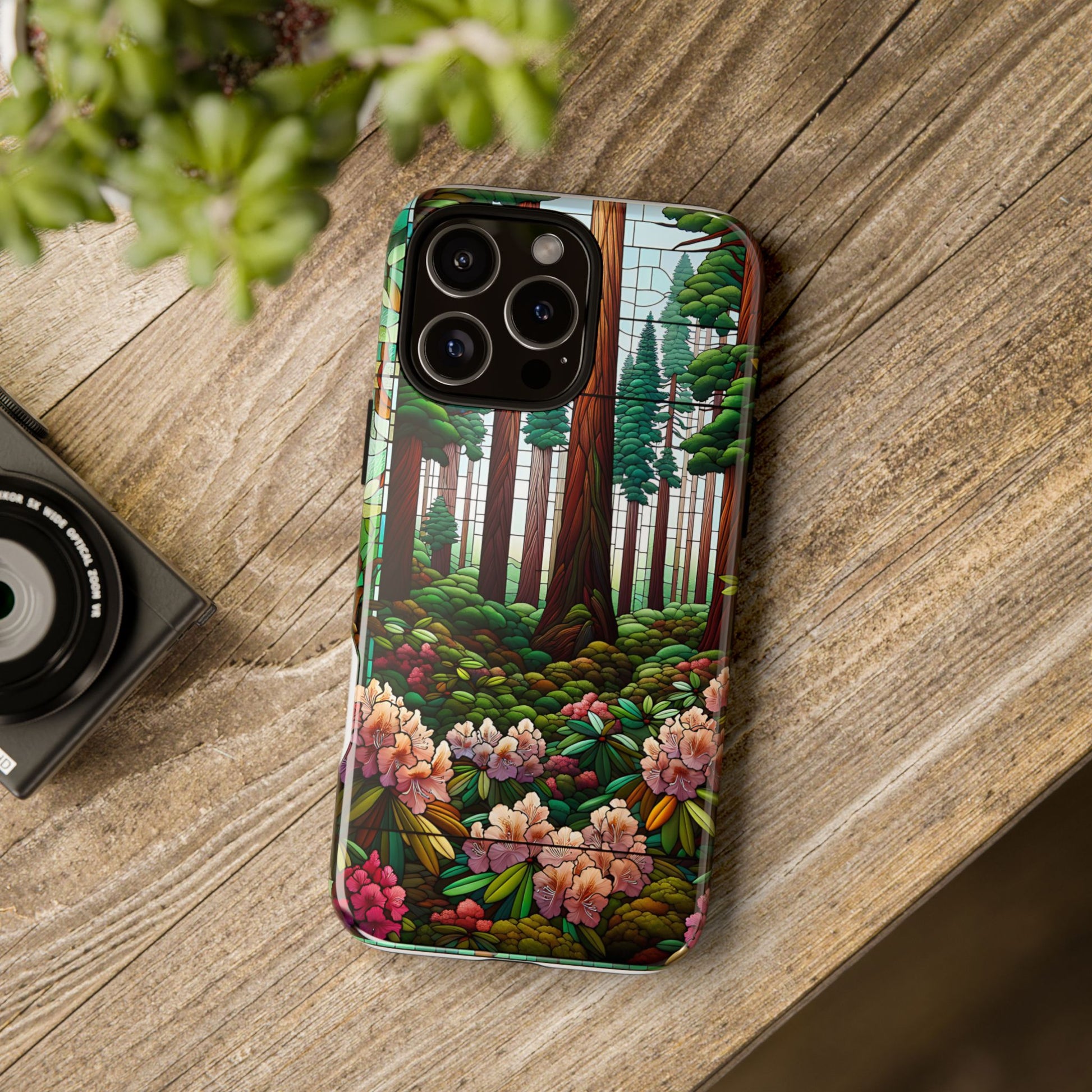 Nature Inspired Tough Cases - Redwood Trees & Rhododendrons Stained Glass iPhone Cover, Protective Phone Shell, Unique Samsung Galaxy Case,