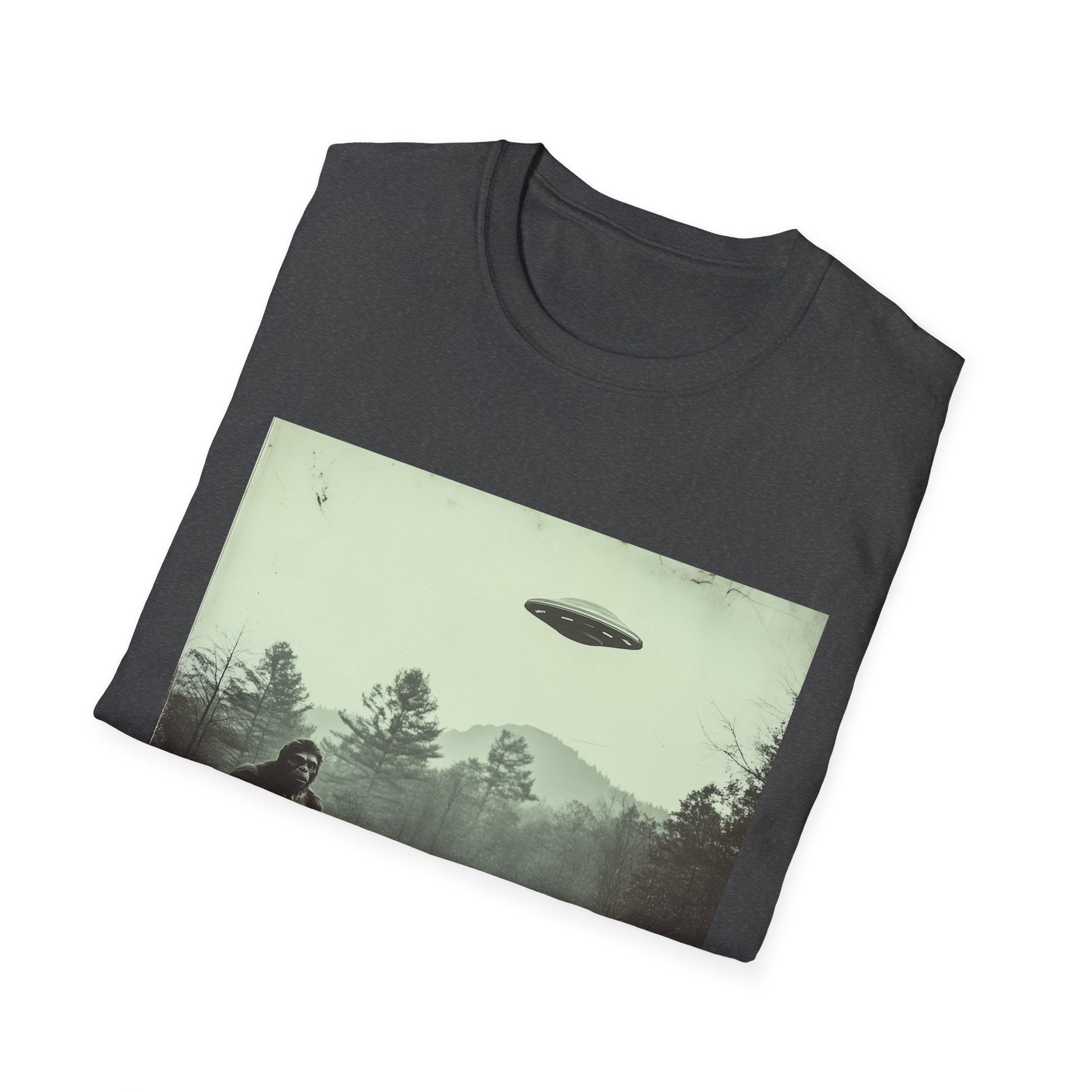 Bigfoot & UFO Unisex T-Shirt, Sasquatch Alien Tee, Cryptid Spaceship Shirt, Extraterrestrial Fantasy Clothing, Funny Yeti Top