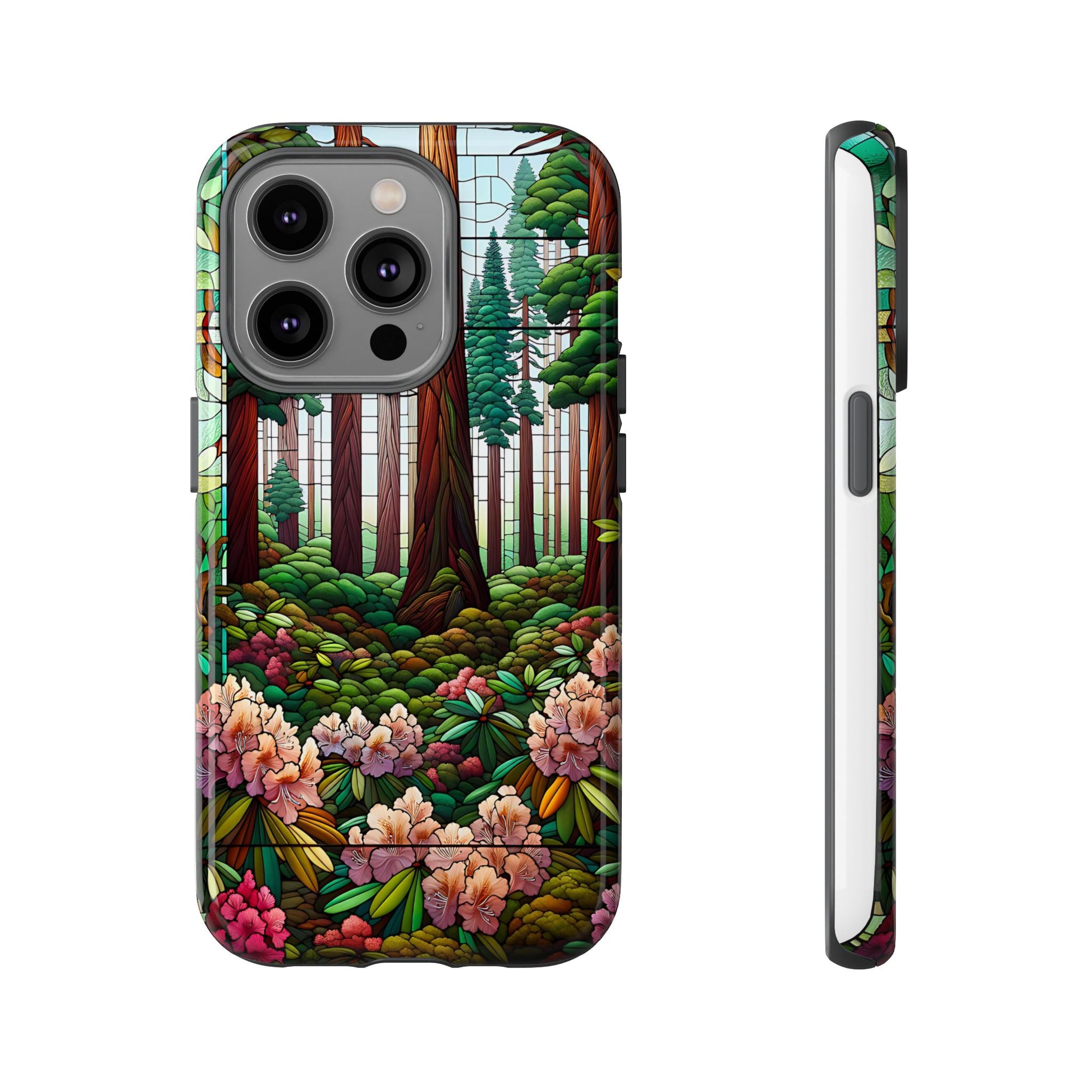 Nature Inspired Tough Cases - Redwood Trees & Rhododendrons Stained Glass iPhone Cover, Protective Phone Shell, Unique Samsung Galaxy Case,