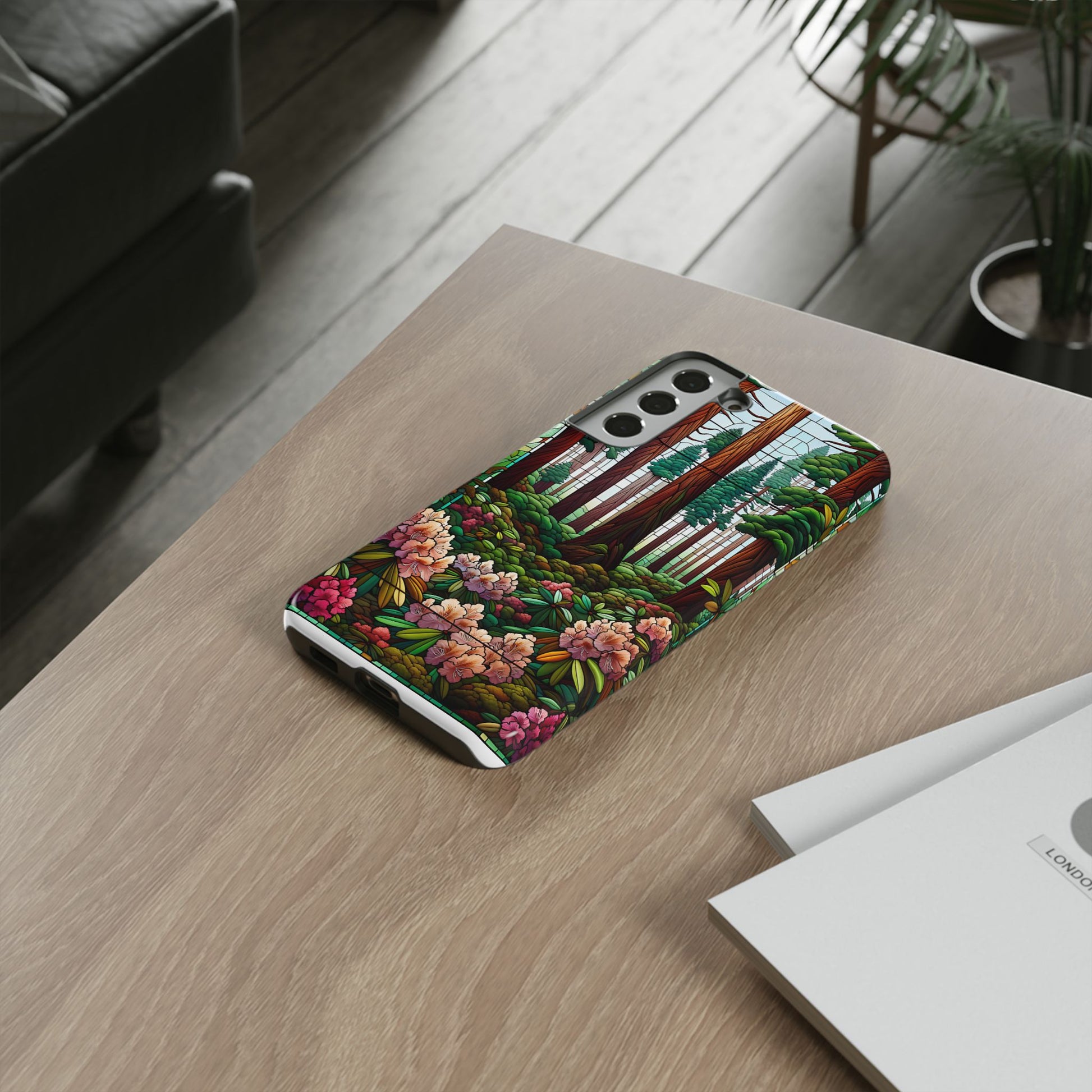 Nature Inspired Tough Cases - Redwood Trees & Rhododendrons Stained Glass iPhone Cover, Protective Phone Shell, Unique Samsung Galaxy Case,