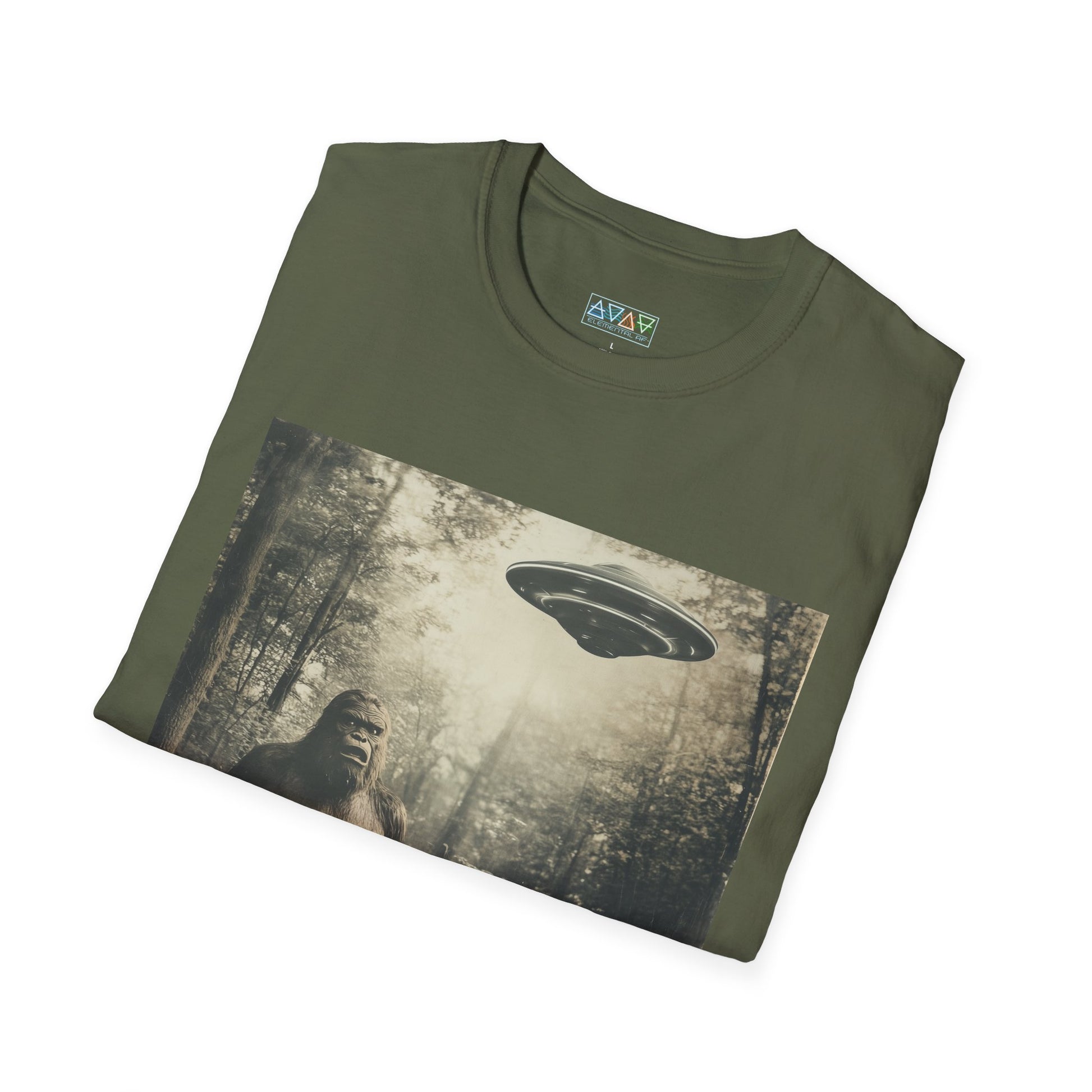 Bigfoot and UFO Unisex T-Shirt, Fun Graphic Tee for Nature Lovers, Quirky Gift for Campers, Outdoor Adventure Apparel