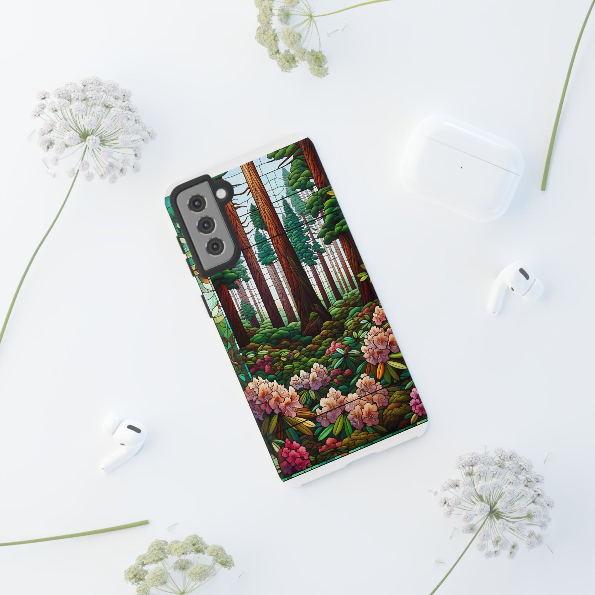 Nature Inspired Tough Cases - Redwood Trees & Rhododendrons Stained Glass iPhone Cover, Protective Phone Shell, Unique Samsung Galaxy Case,
