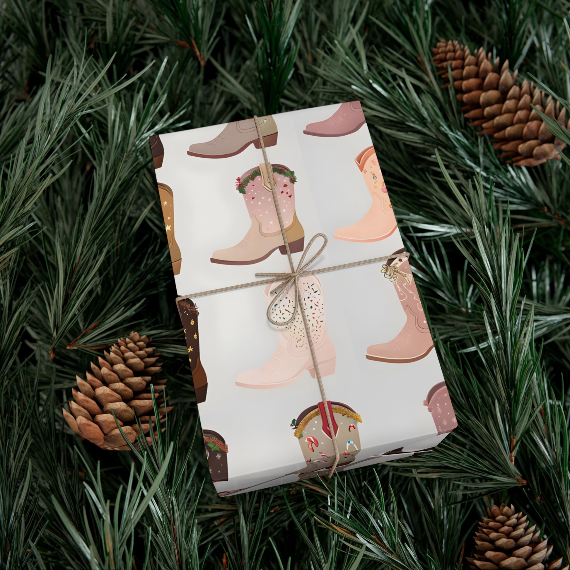 Wrapping Paper, Colorful Cowboy Boots Displaying Festive Holiday Designs, Christmas Wrapping, Gift Packaging, Festive Decor, Holiday Gift