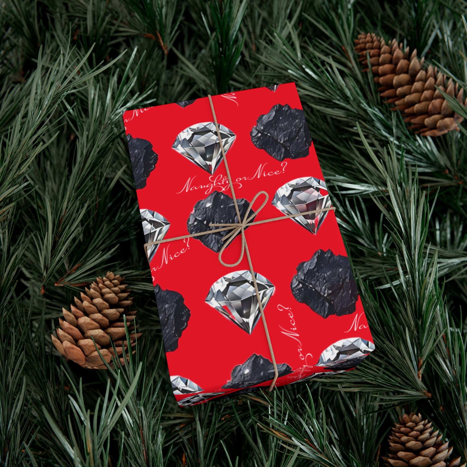 Wrapping Paper, Naughty or Nice Diamonds and Coal on Red Background - Gift Wrap Rolls, Eco-Friendly, Holiday, Christmas Gifts