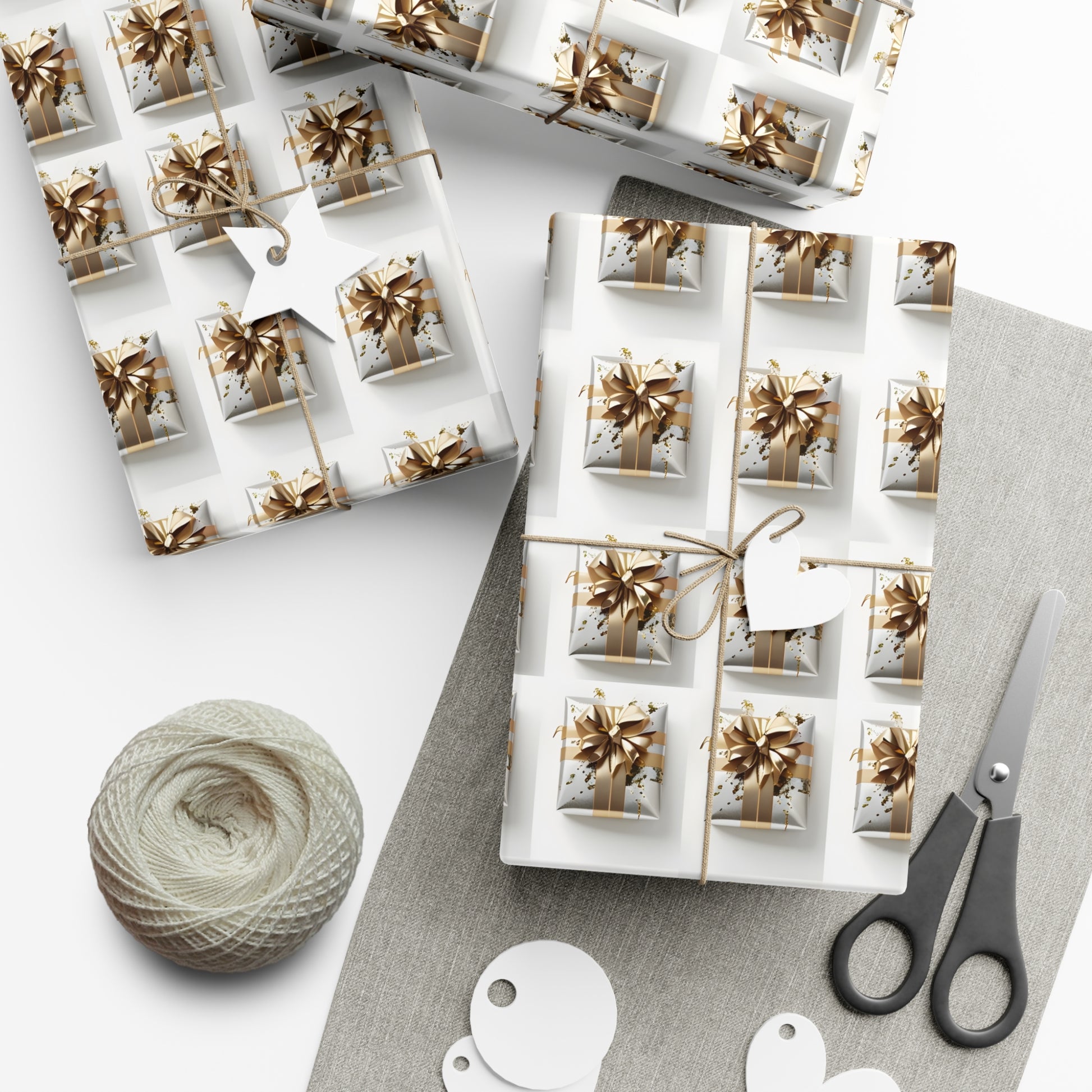 Wrapping Paper, Elegantly Wrapped Gifts On White Background with Gold Bows, Christmas Wrapping, Gift Packaging, Festive Decor, Holiday Gift