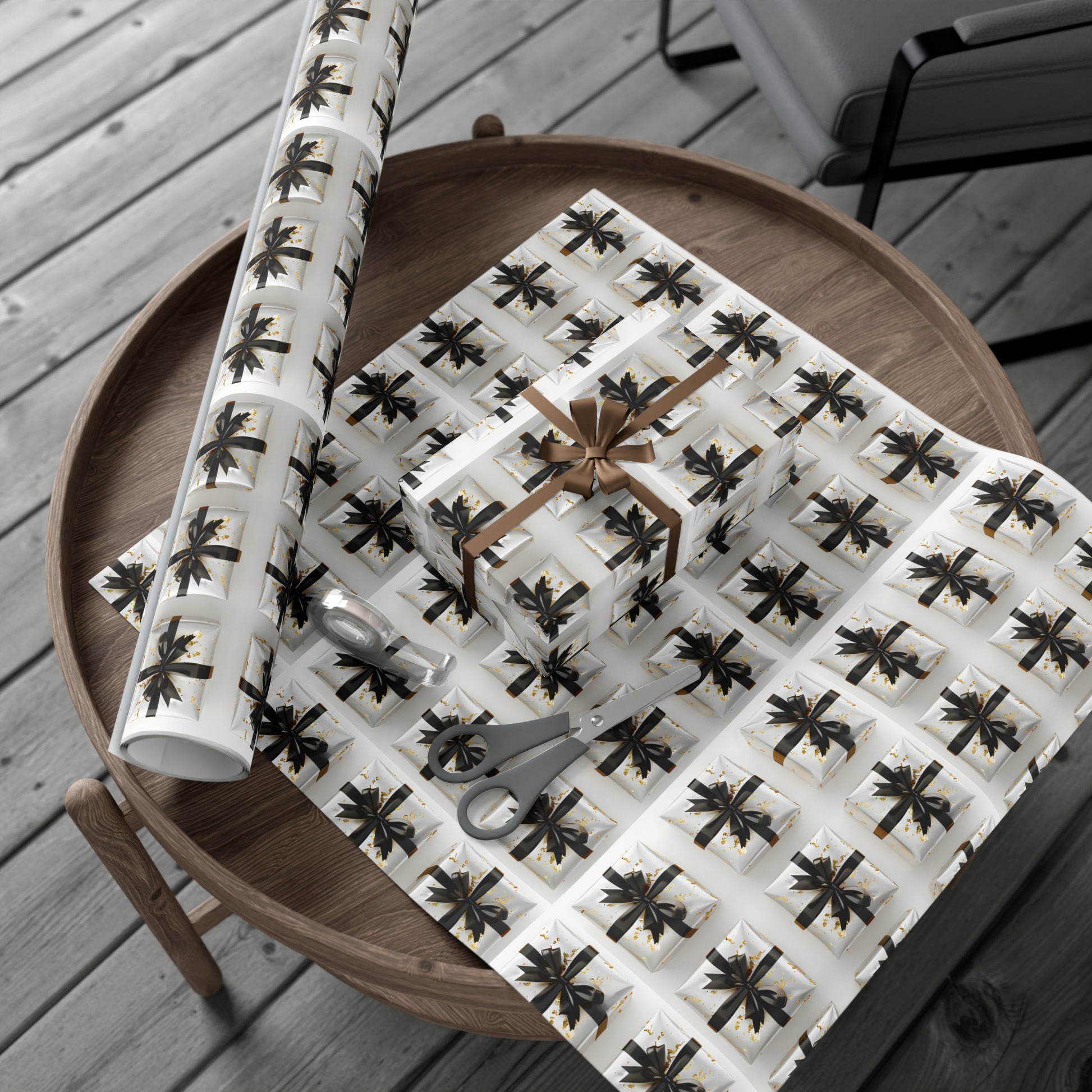 Wrapping Paper, Elegantly Wrapped Gifts On White Background with Black Bows - Gift Wrap Rolls, Eco-Friendly Gift Wrap, Holiday