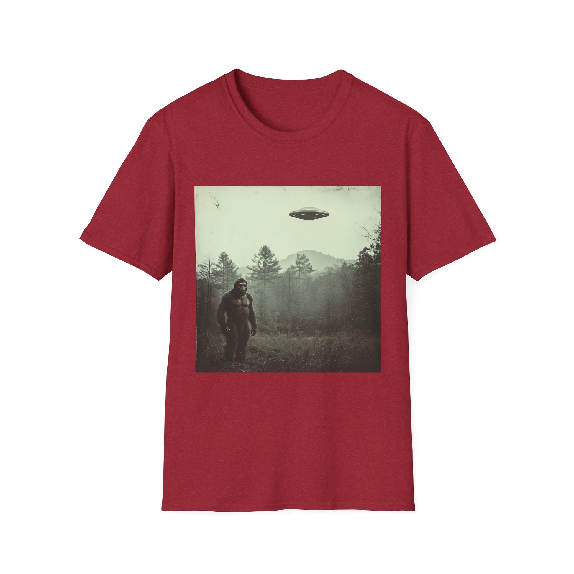 Bigfoot & UFO Unisex T-Shirt, Sasquatch Alien Tee, Cryptid Spaceship Shirt, Extraterrestrial Fantasy Clothing, Funny Yeti Top