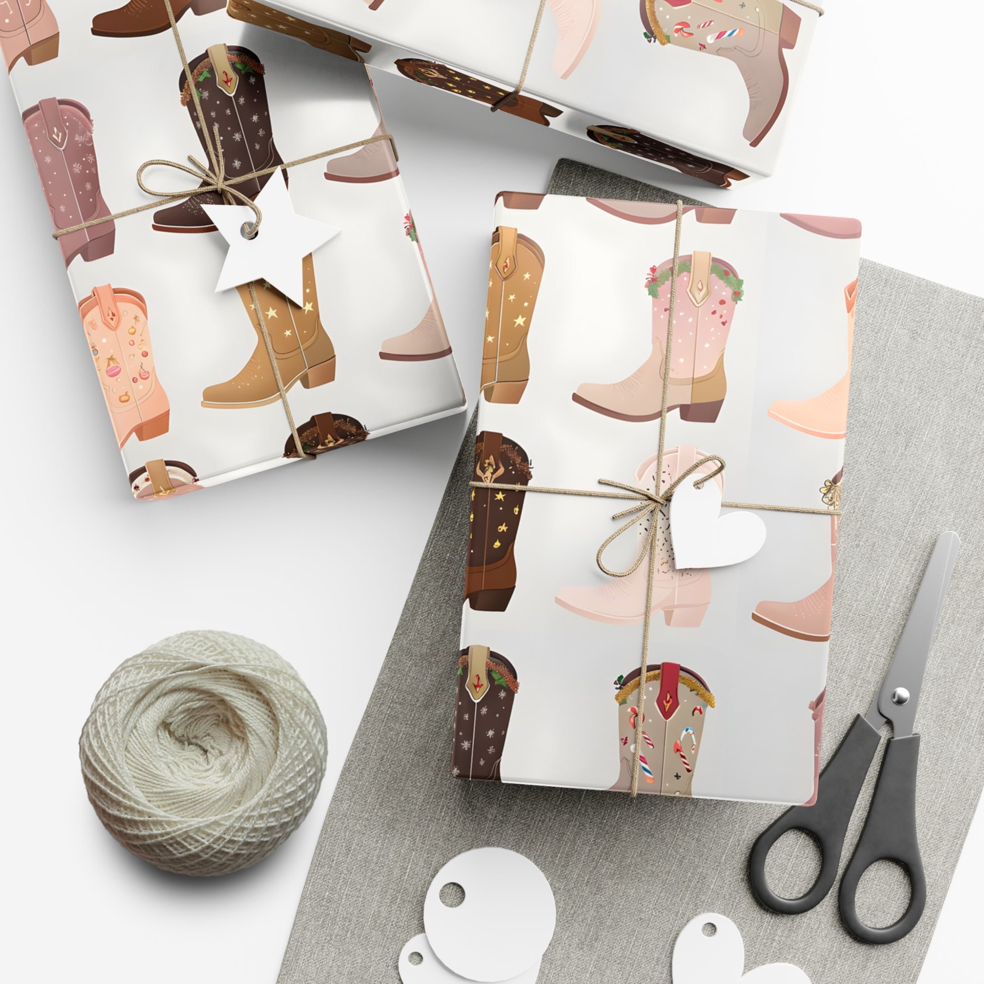 Wrapping Paper, Colorful Cowboy Boots Displaying Festive Holiday Designs, Christmas Wrapping, Gift Packaging, Festive Decor, Holiday Gift