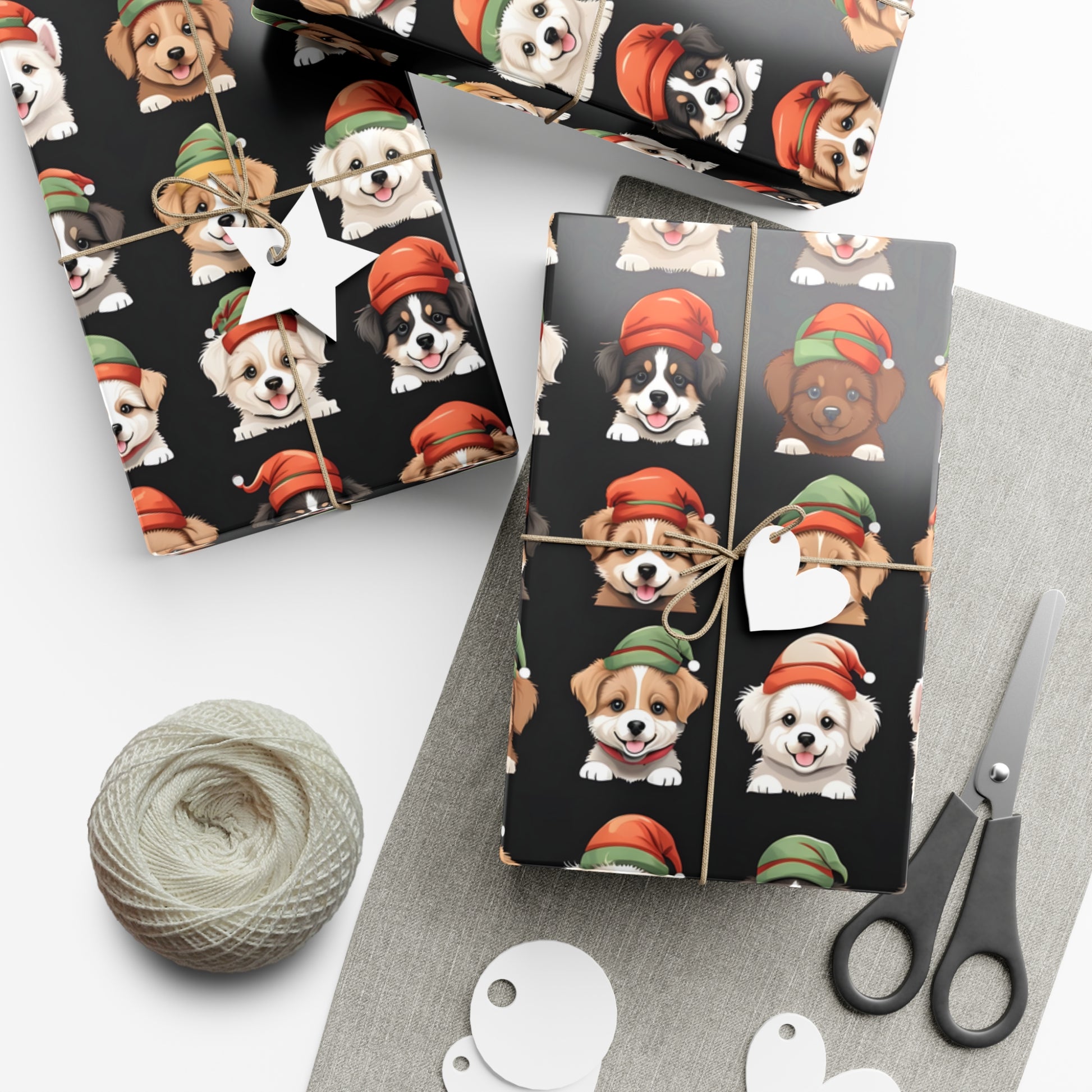 Cute Puppies Elf Caps Gift Wrap Papers - Festive Christmas Wrapping Paper Roll, Holiday Gift Packaging, Adorable Dog Lover Gift Wrap, Pet