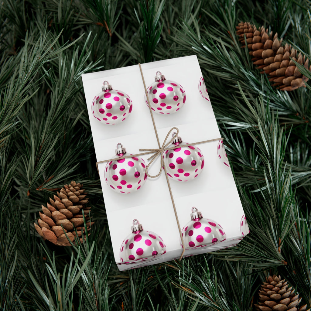 Wrapping Paper, Hot Pink Polka Dot Christmas Ornaments On White Background - Gift Wrap Rolls, Eco-Friendly Gift Wrap, Holiday