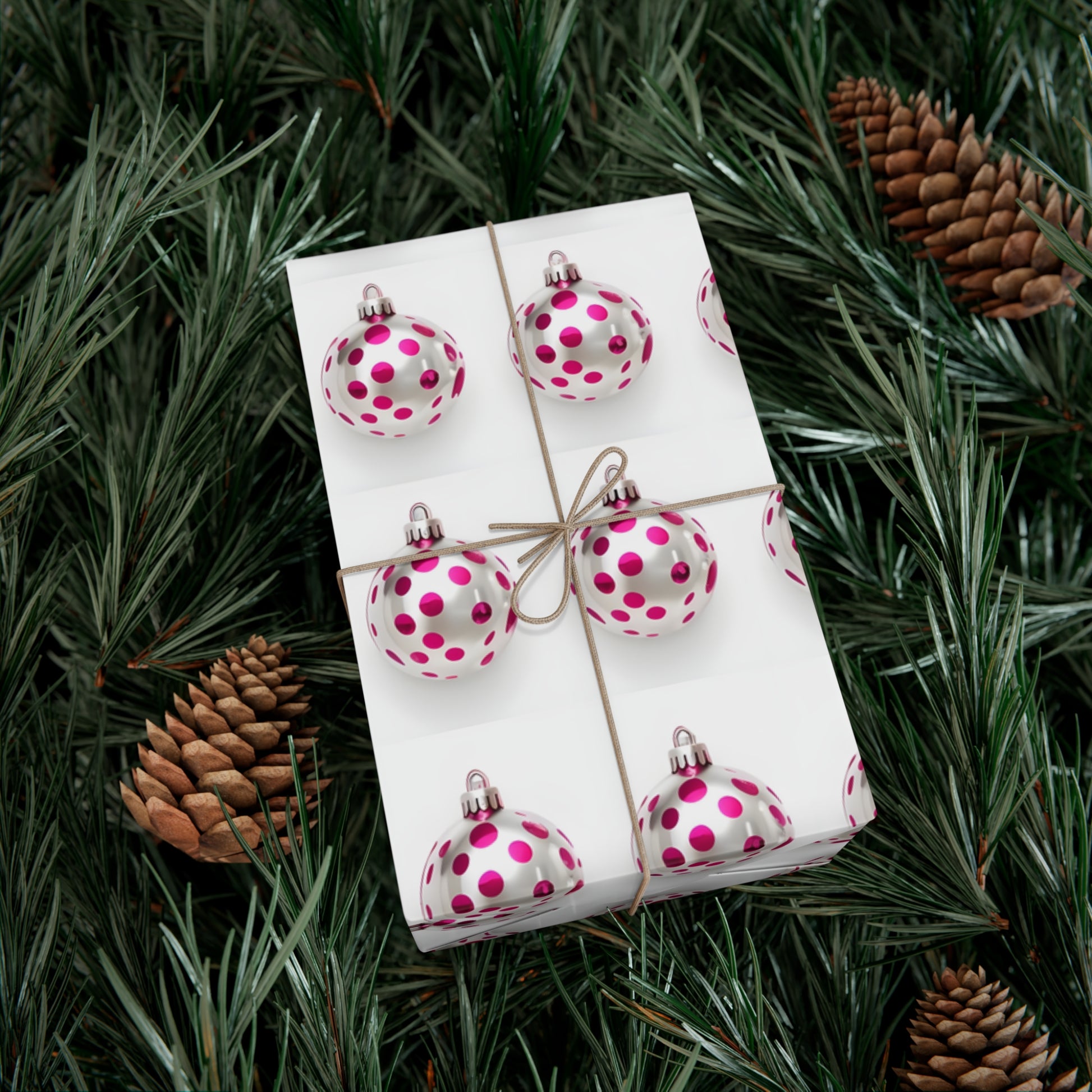 Wrapping Paper, Hot Pink Polka Dot Christmas Ornaments On White Background - Gift Wrap Rolls, Eco-Friendly Gift Wrap, Holiday
