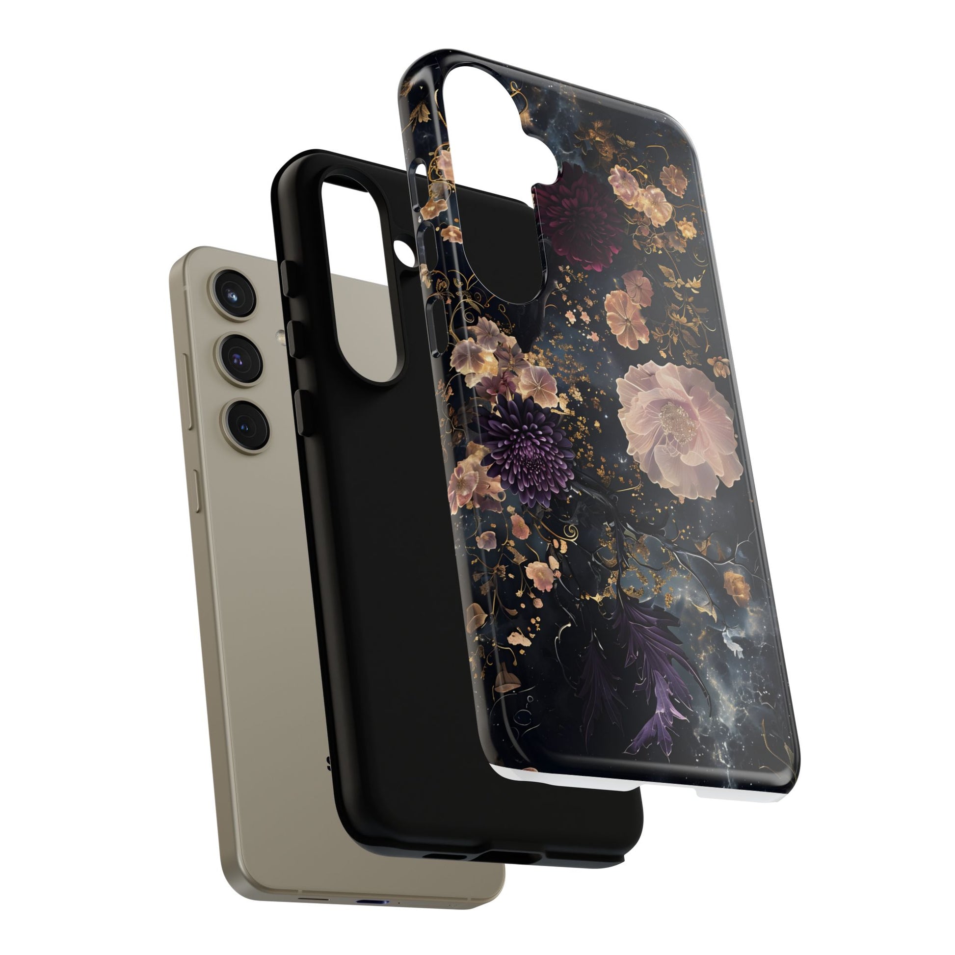 Phone Case, Whimsical Floral Pattern Against Cosmic Nebulous Background. Galaxy, Space, Tough Protective Cover, Unique Gift, Trendy