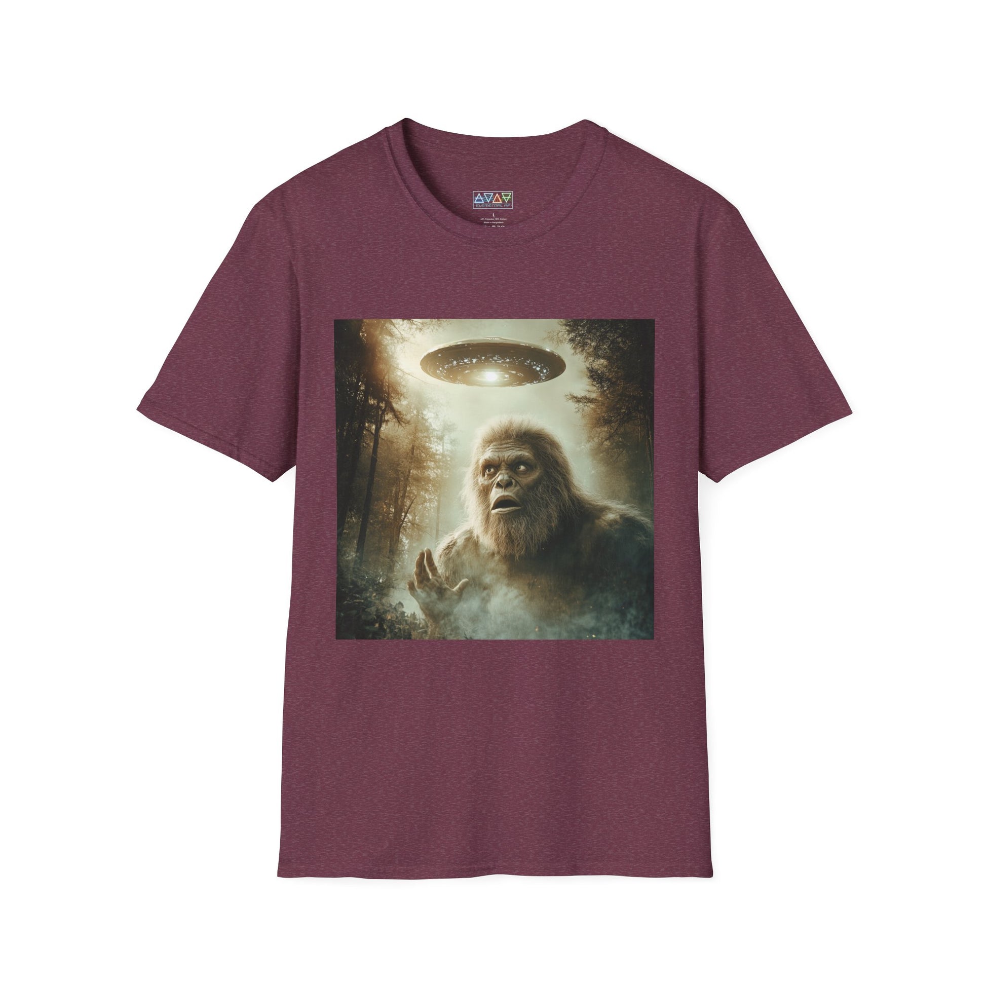 Bigfoot UFO Unisex Softstyle T-Shirt, Funny Graphic Tee, Sasquatch Clothing, Alien Lover Gift, Outdoor Adventure Tee, Casual Wear