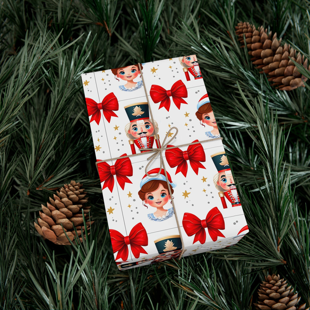 Wrapping Paper, Festive Cartoon Nutcracker And Clara Pattern With Bows - Gift Wrap Rolls, Eco-Friendly Gift Wrap, Holiday Season Wrapping