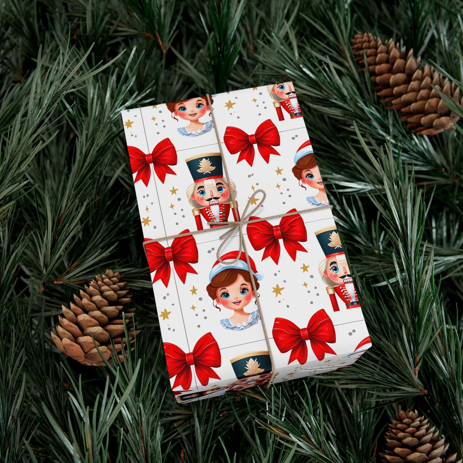 Wrapping Paper, Festive Cartoon Nutcracker And Clara Pattern With Bows - Gift Wrap Rolls, Eco-Friendly Gift Wrap, Holiday Season Wrapping