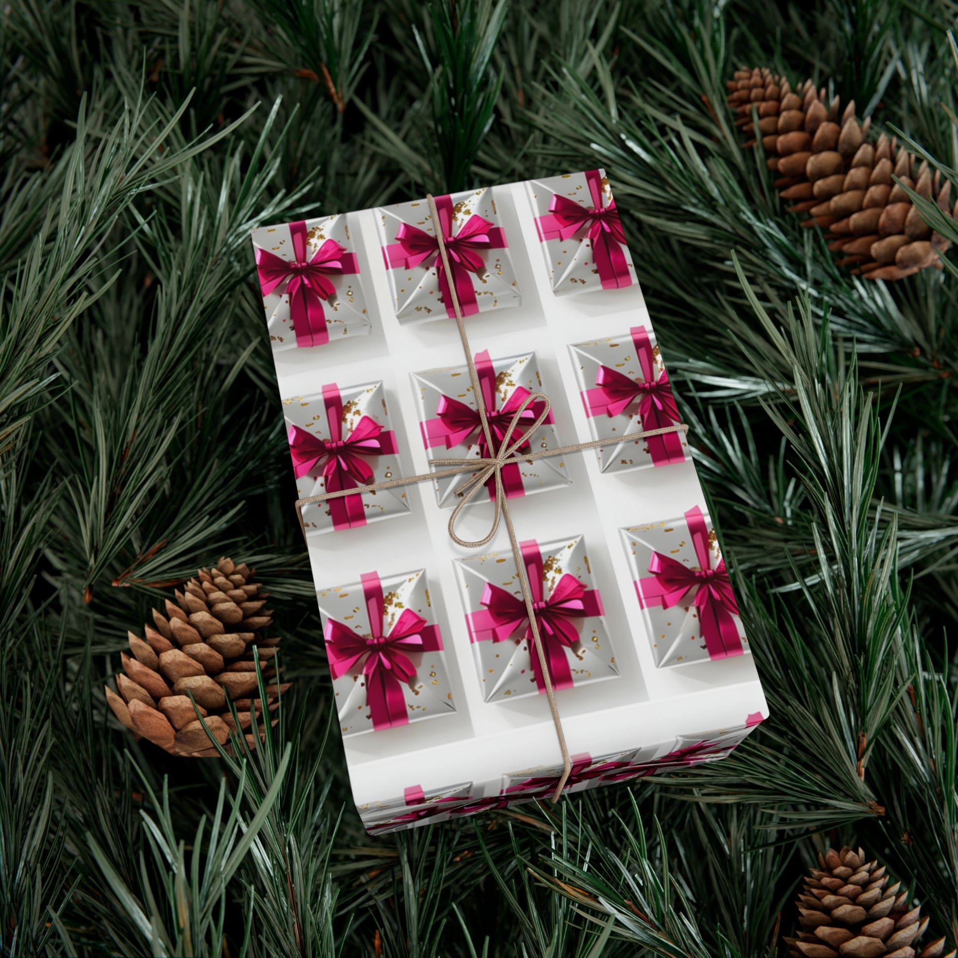 Wrapping Paper, Elegantly Wrapped Gifts On White Background with Hot Pink Bows - Gift Wrap Rolls, Eco-Friendly Gift Wrap, Holiday