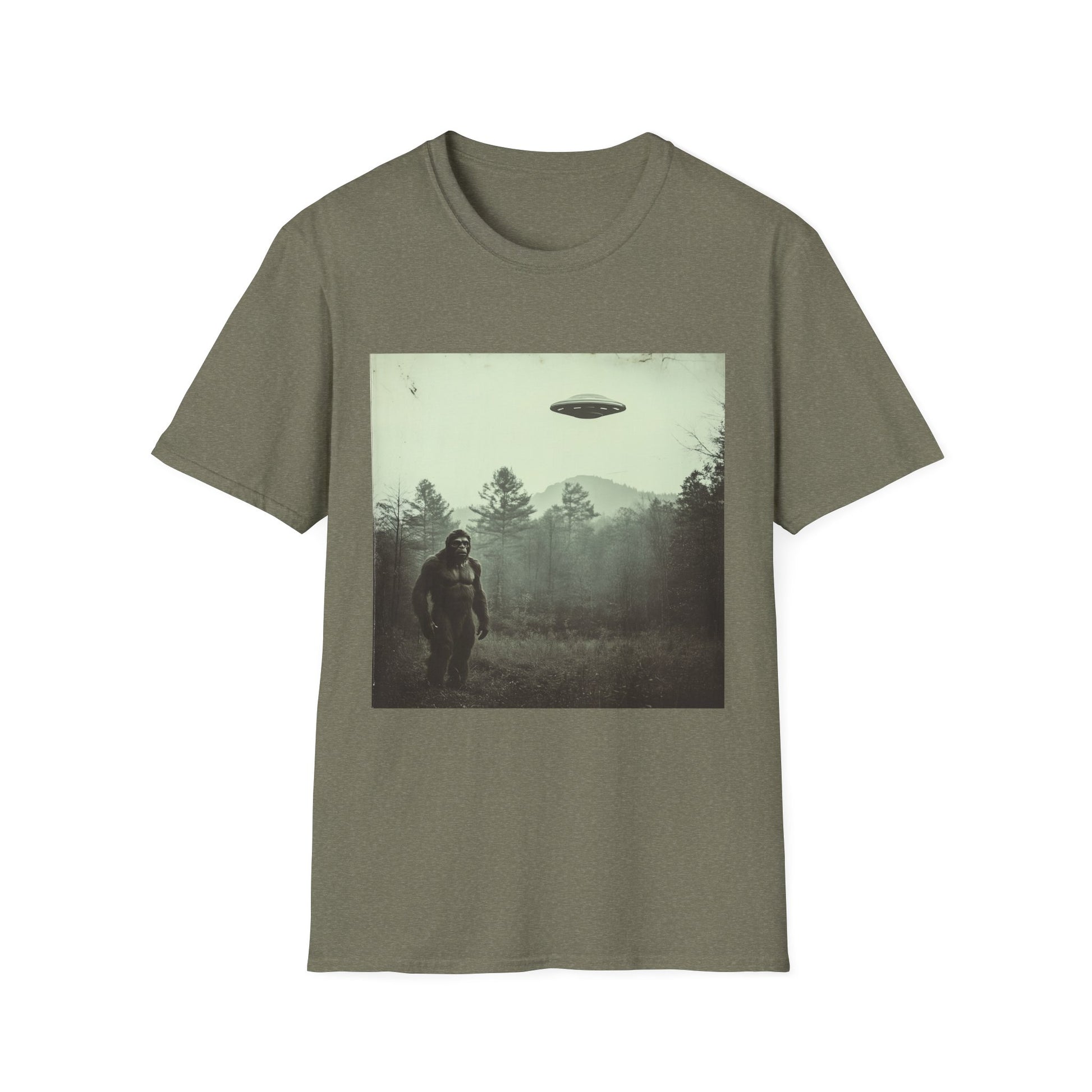 Bigfoot & UFO Unisex T-Shirt, Sasquatch Alien Tee, Cryptid Spaceship Shirt, Extraterrestrial Fantasy Clothing, Funny Yeti Top