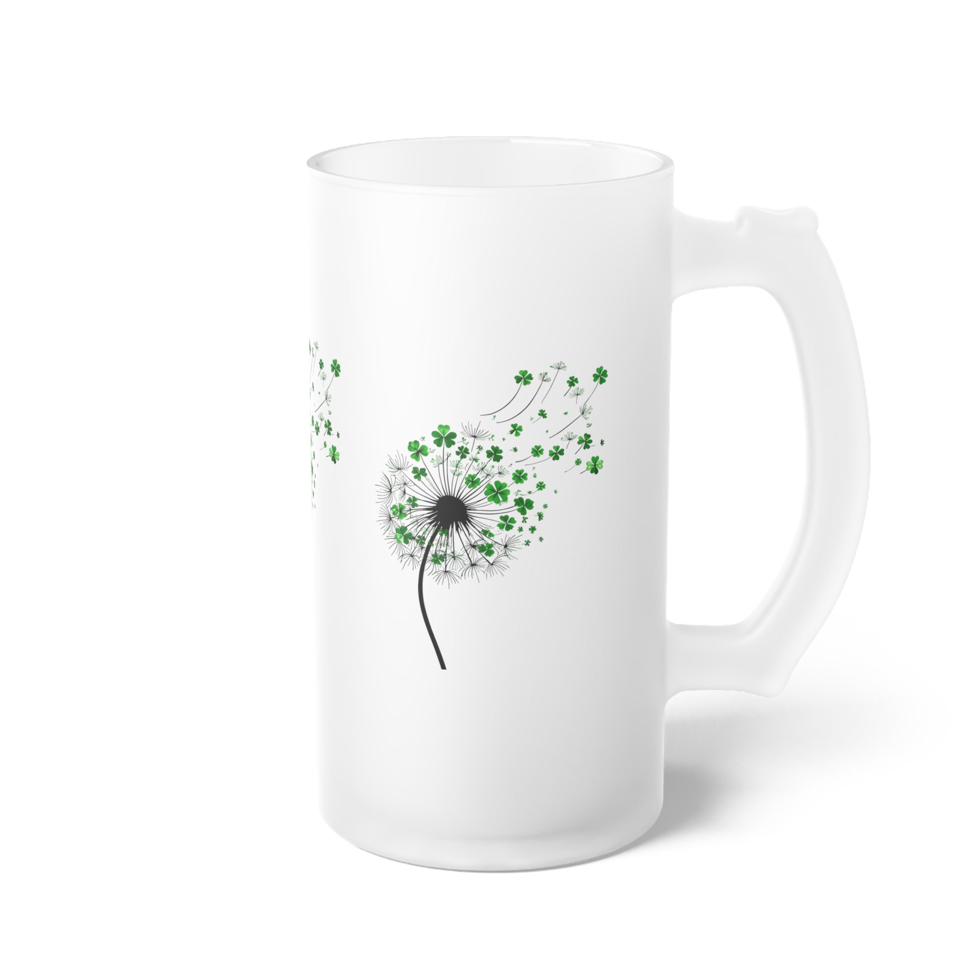 Beer Mug, Minimalist Watercolor Dandelion With Shamrock Elements, Frosted Glass Stein, Gift for Nature Lovers, St. Patrick's Day Decor,