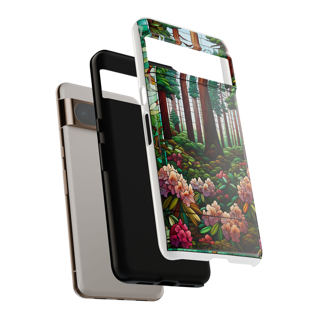 Nature Inspired Tough Cases - Redwood Trees & Rhododendrons Stained Glass iPhone Cover, Protective Phone Shell, Unique Samsung Galaxy Case,
