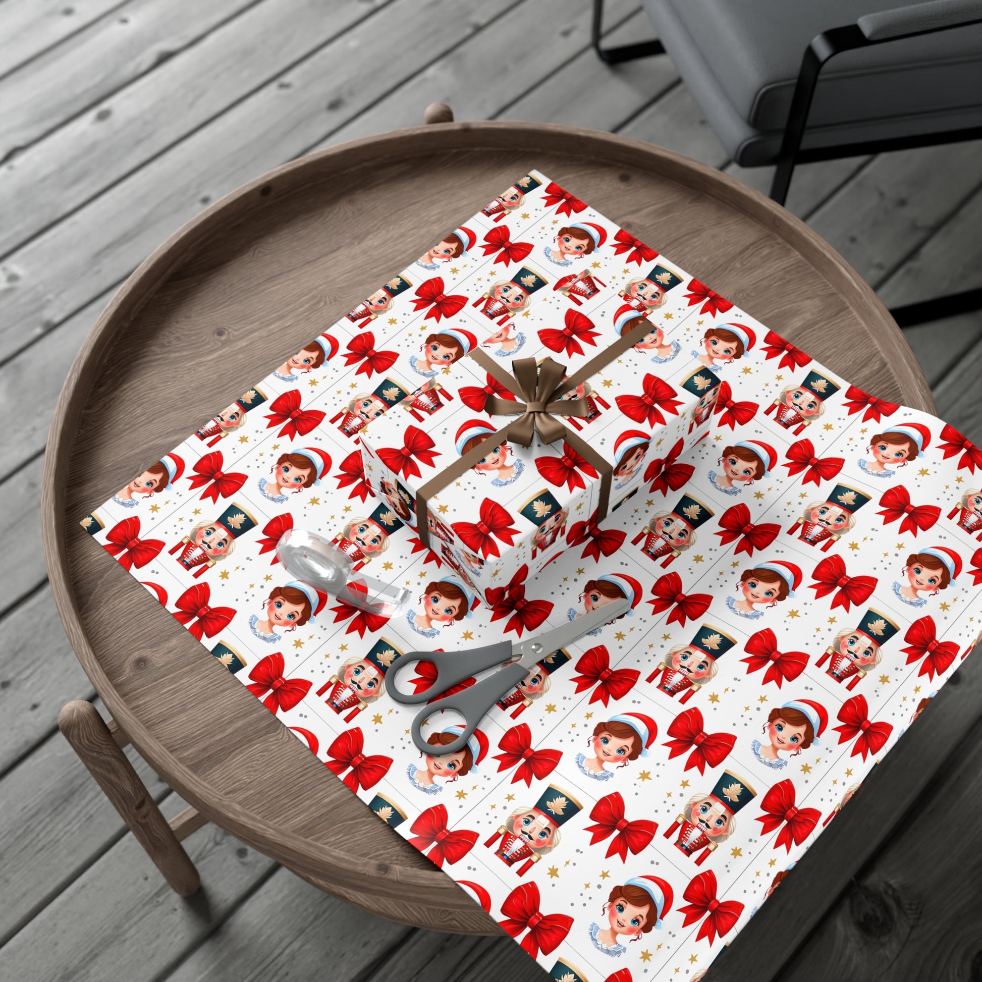 Wrapping Paper, Festive Cartoon Nutcracker And Clara Pattern With Bows - Gift Wrap Rolls, Eco-Friendly Gift Wrap, Holiday Season Wrapping