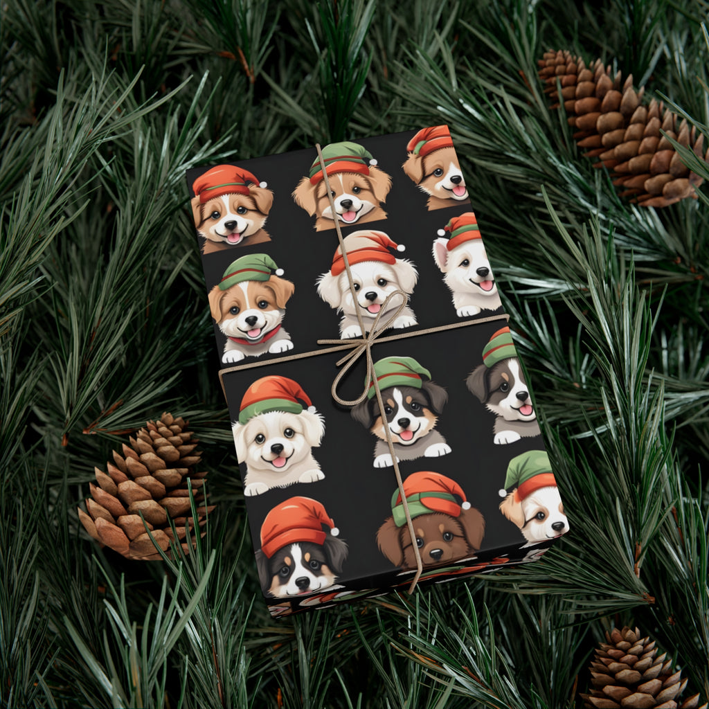 Cute Puppies Elf Caps Gift Wrap Papers - Festive Christmas Wrapping Paper Roll, Holiday Gift Packaging, Adorable Dog Lover Gift Wrap, Pet