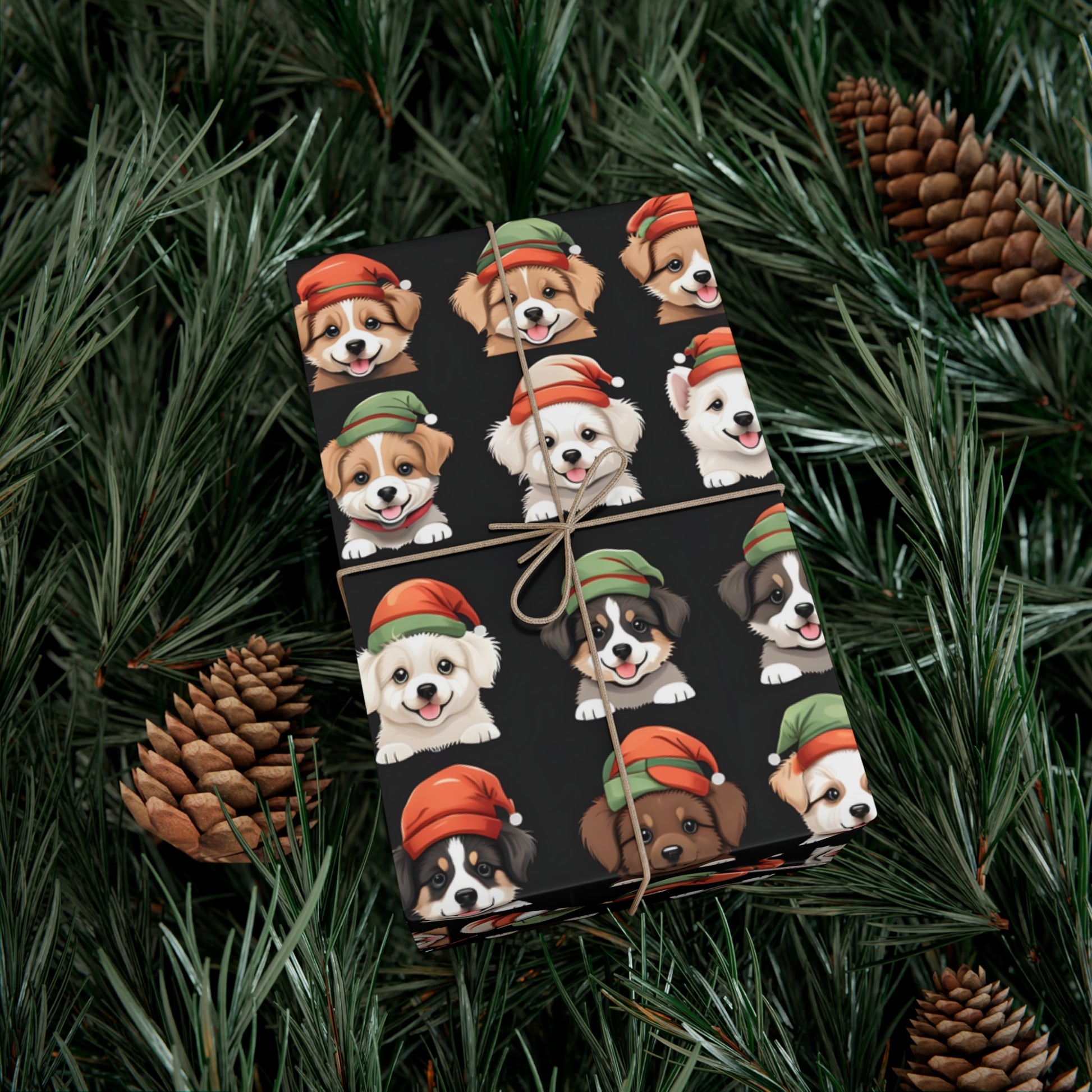 Cute Puppies Elf Caps Gift Wrap Papers - Festive Christmas Wrapping Paper Roll, Holiday Gift Packaging, Adorable Dog Lover Gift Wrap, Pet