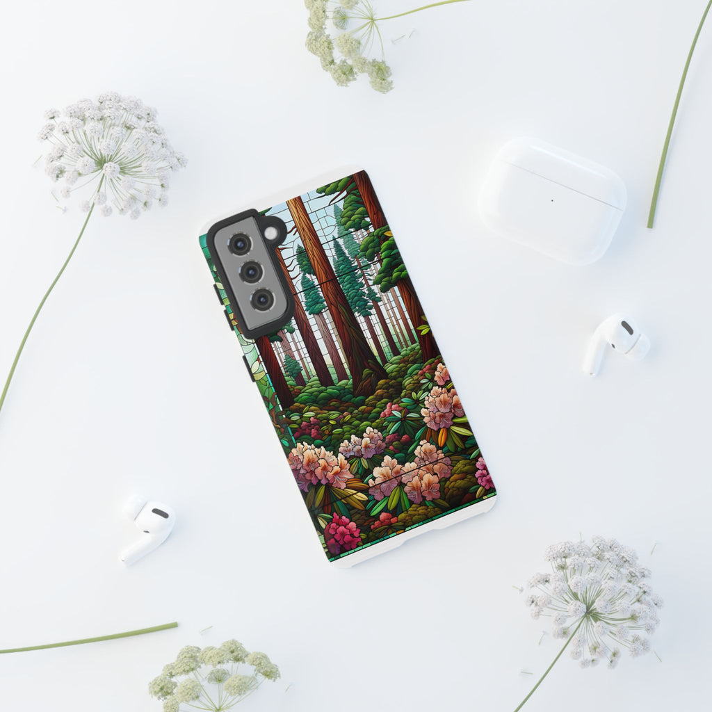 Nature Inspired Tough Cases - Redwood Trees & Rhododendrons Stained Glass iPhone Cover, Protective Phone Shell, Unique Samsung Galaxy Case,