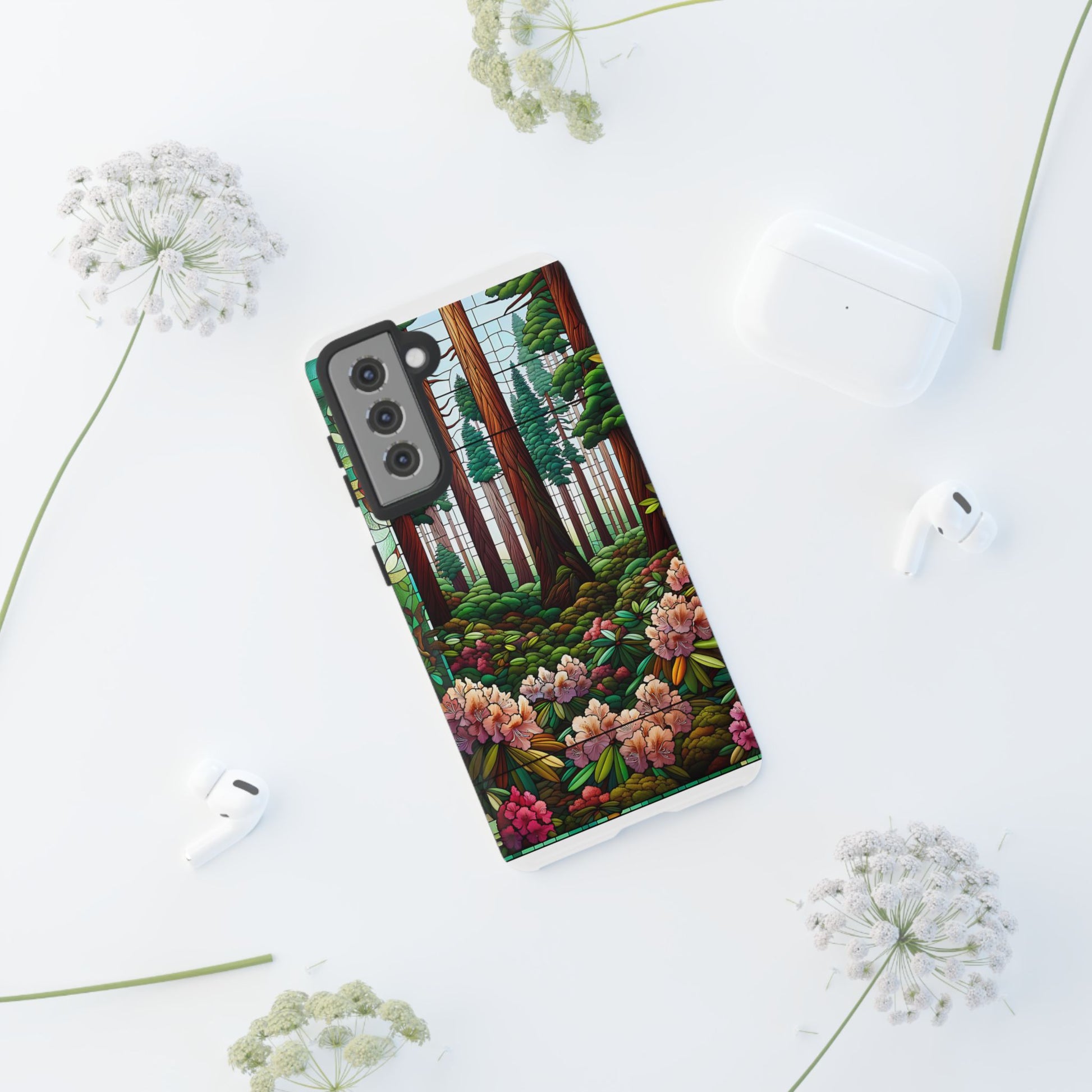 Nature Inspired Tough Cases - Redwood Trees & Rhododendrons Stained Glass iPhone Cover, Protective Phone Shell, Unique Samsung Galaxy Case,