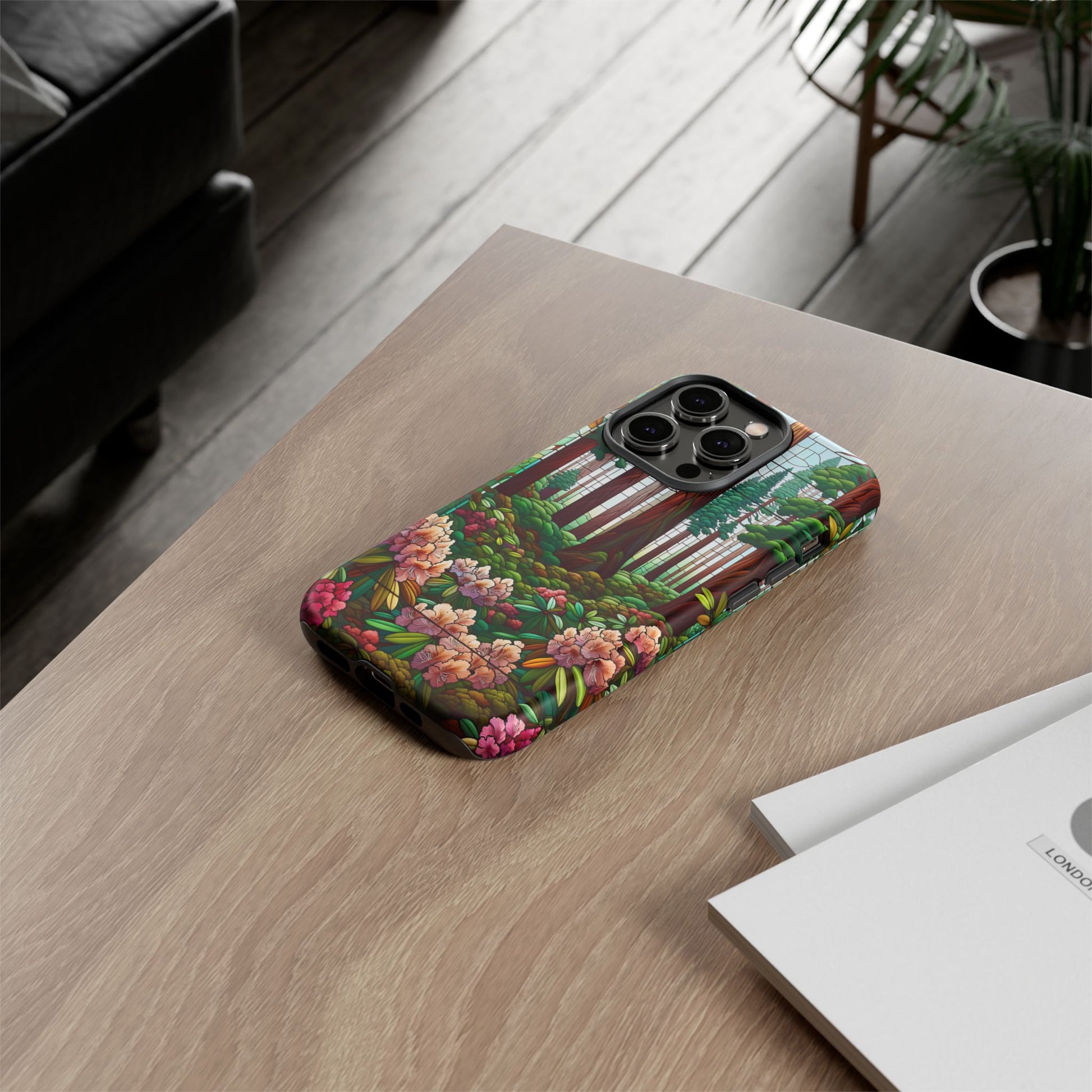 Nature Inspired Tough Cases - Redwood Trees & Rhododendrons Stained Glass iPhone Cover, Protective Phone Shell, Unique Samsung Galaxy Case,