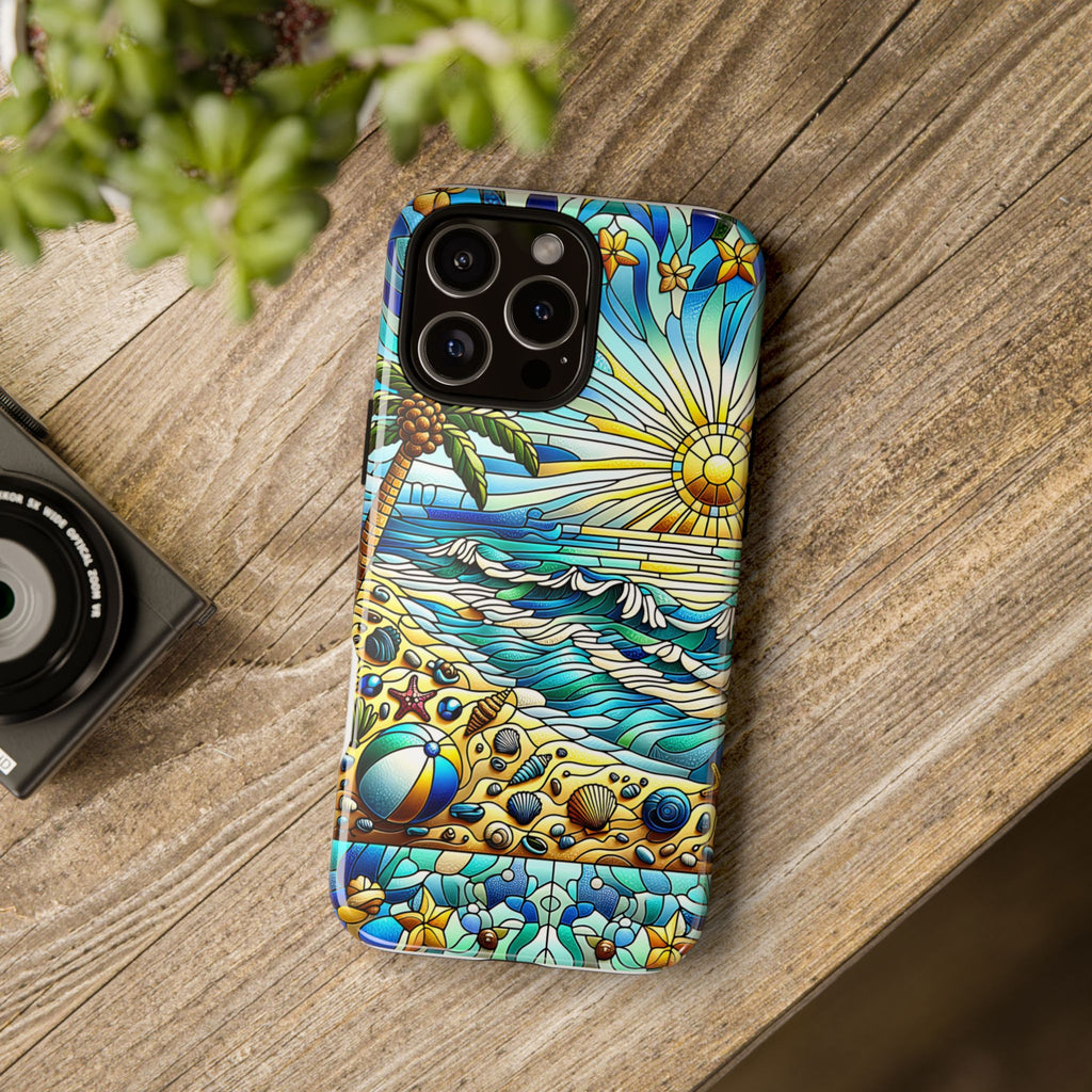 Stained Glass Tough Case, Protective Phone Case, Nature Inspired Smartphone Case, Summer Beach Play Day Phone Cover, Tough Phone Case for