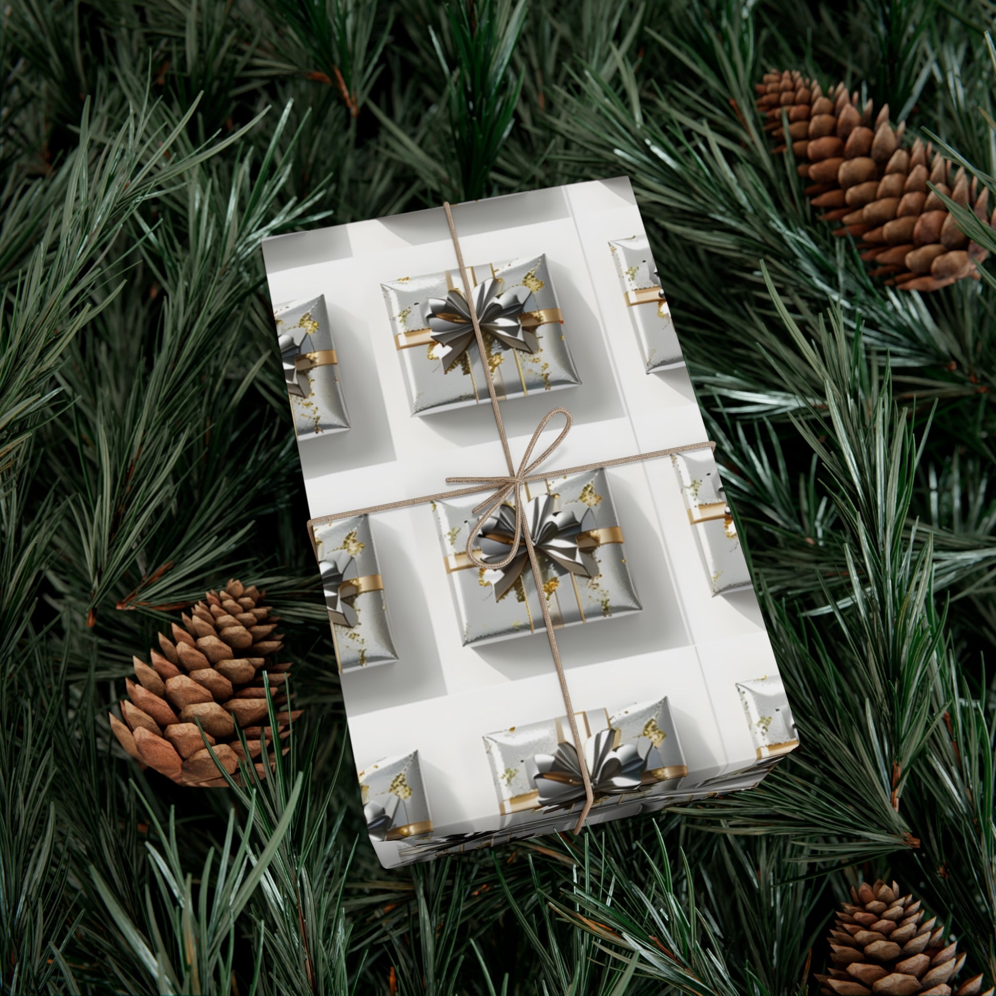 Wrapping Paper, Elegantly Wrapped Gifts On White Background with Silver & Gold Bows - Gift Wrap Rolls, Eco-Friendly Gift Wrap, Holiday