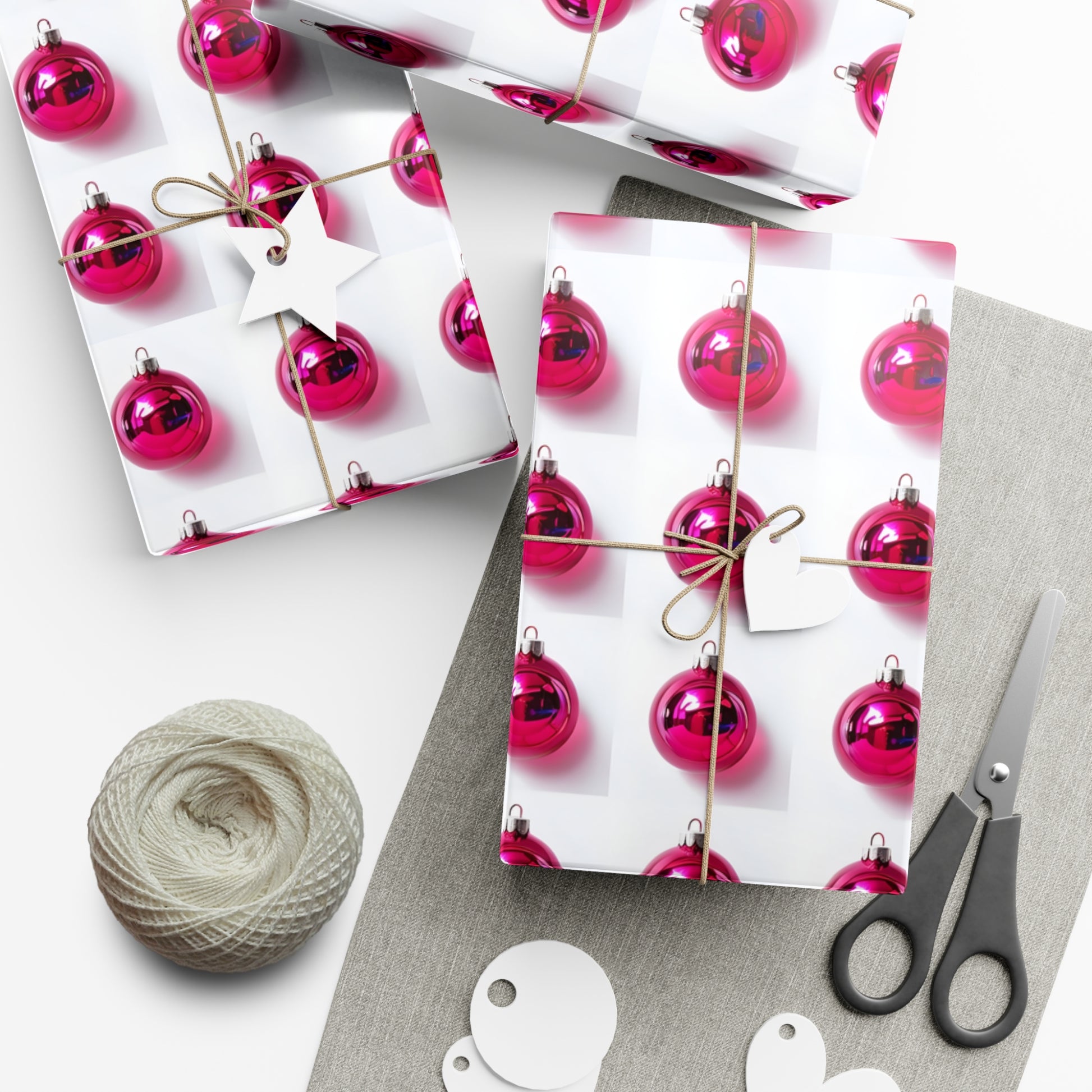 Wrapping Paper, Hot Pink Christmas Ornaments On White Background - Gift Wrap Rolls, Eco-Friendly Gift Wrap, Holiday