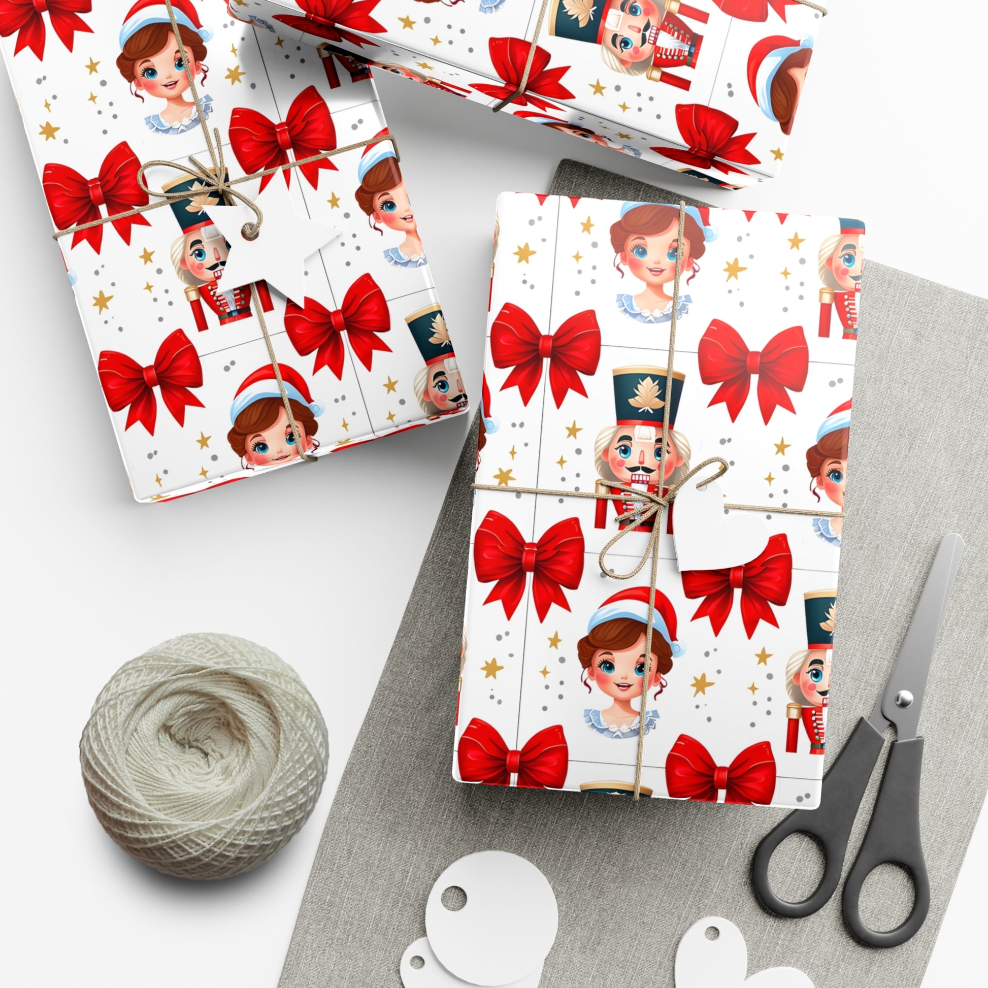 Wrapping Paper, Festive Cartoon Nutcracker And Clara Pattern With Bows - Gift Wrap Rolls, Eco-Friendly Gift Wrap, Holiday Season Wrapping