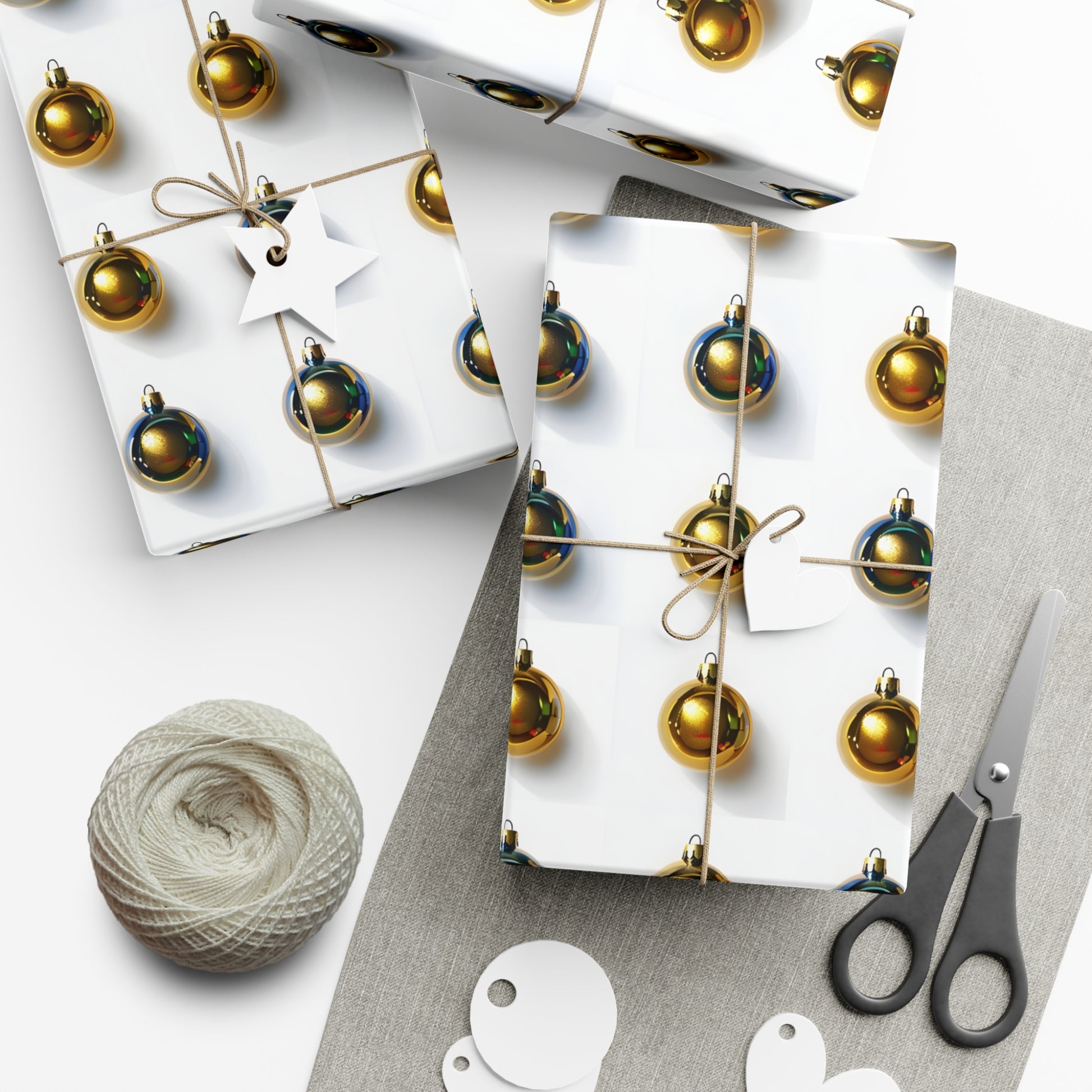 Wrapping Paper, Gold Christmas Ornaments On White Background - Gift Wrap Rolls, Eco-Friendly Gift Wrap, Holiday