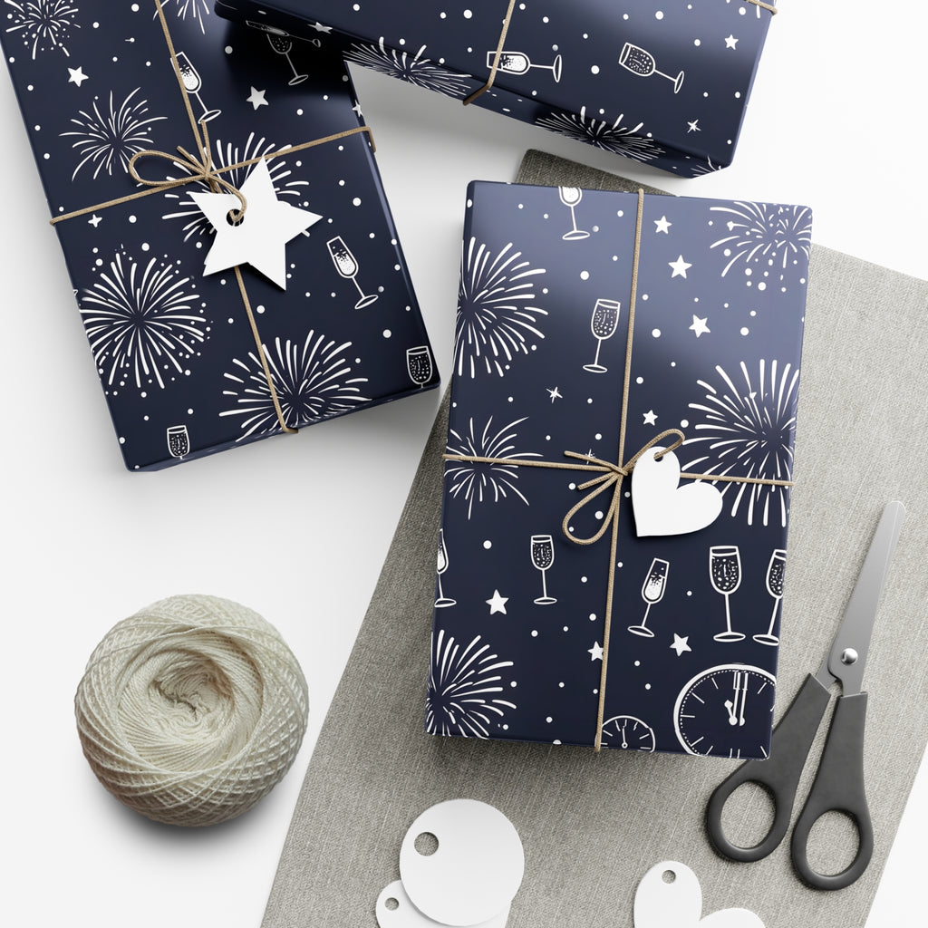 Gift Wrap Papers - New Year's Eve Celebration Pattern With Fireworks And Champagne, Holiday Gift Wrap, Wrapping Paper, Party Supplies,