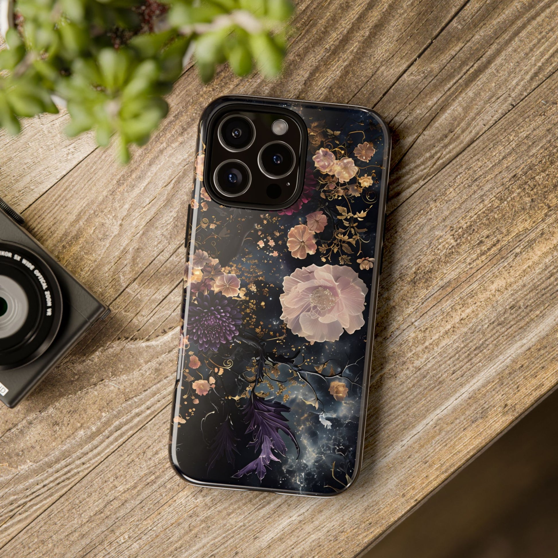 Phone Case, Whimsical Floral Pattern Against Cosmic Nebulous Background. Galaxy, Space, Tough Protective Cover, Unique Gift, Trendy