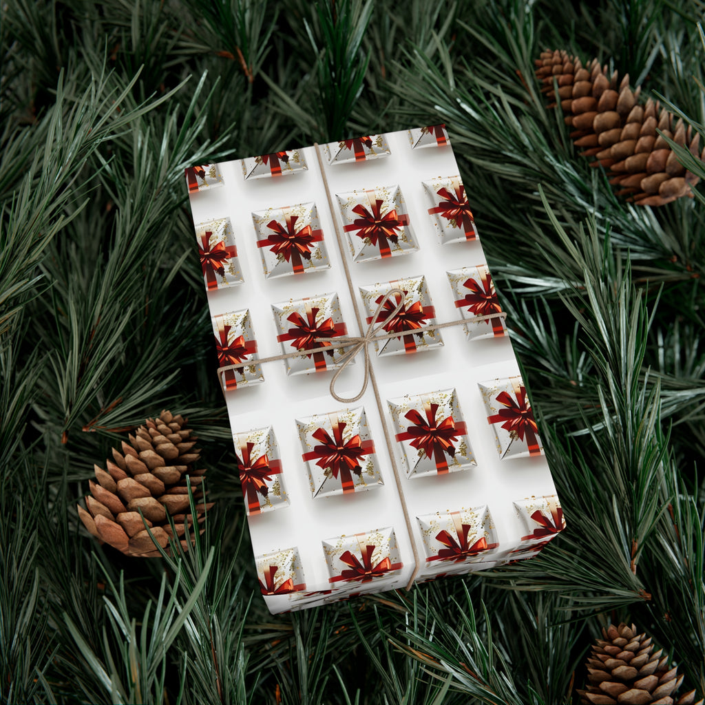 Wrapping Paper, Elegantly Wrapped Gifts On White Background with Red Bows - Gift Wrap Rolls, Eco-Friendly Gift Wrap, Holiday Season Wrapping