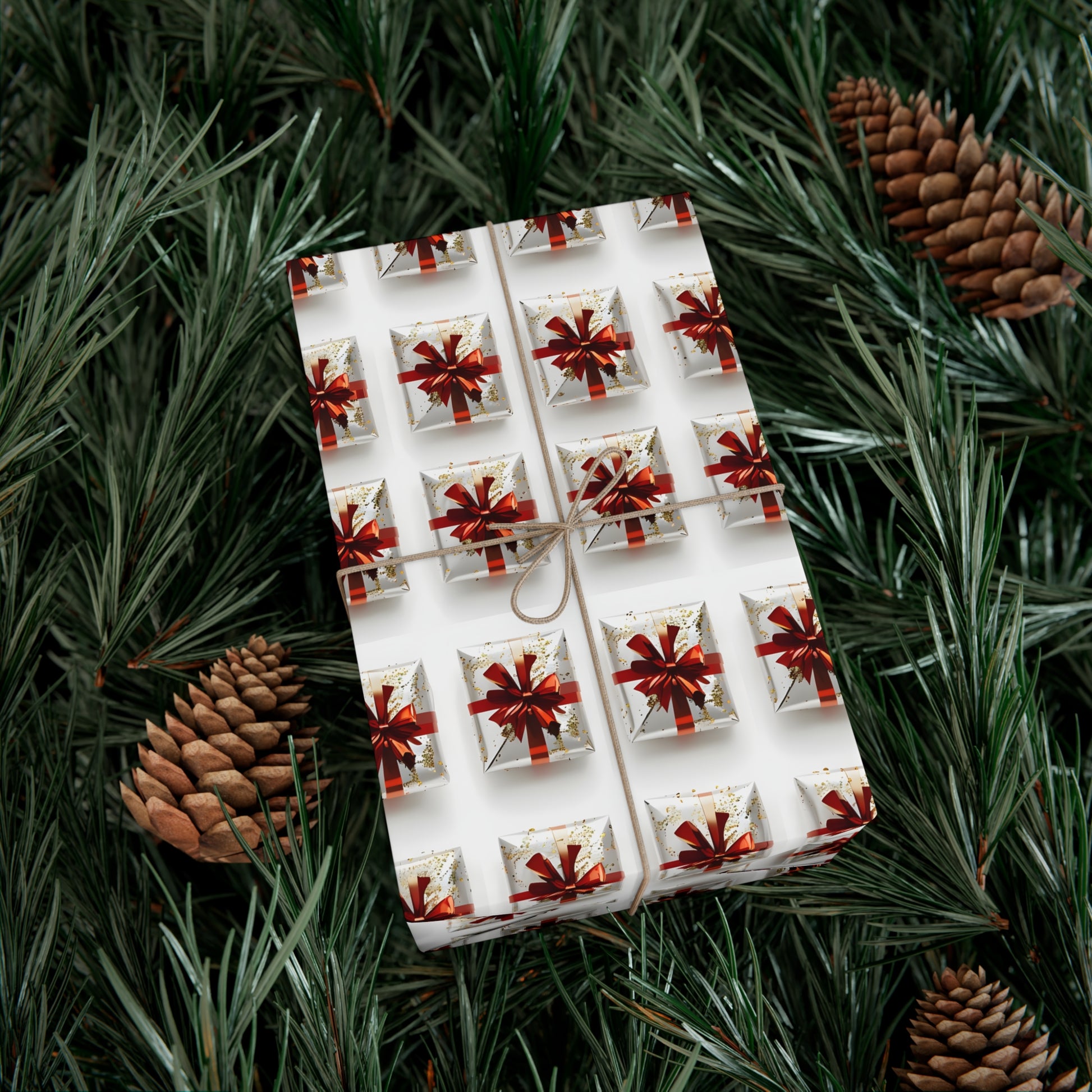 Wrapping Paper, Elegantly Wrapped Gifts On White Background with Red Bows - Gift Wrap Rolls, Eco-Friendly Gift Wrap, Holiday Season Wrapping