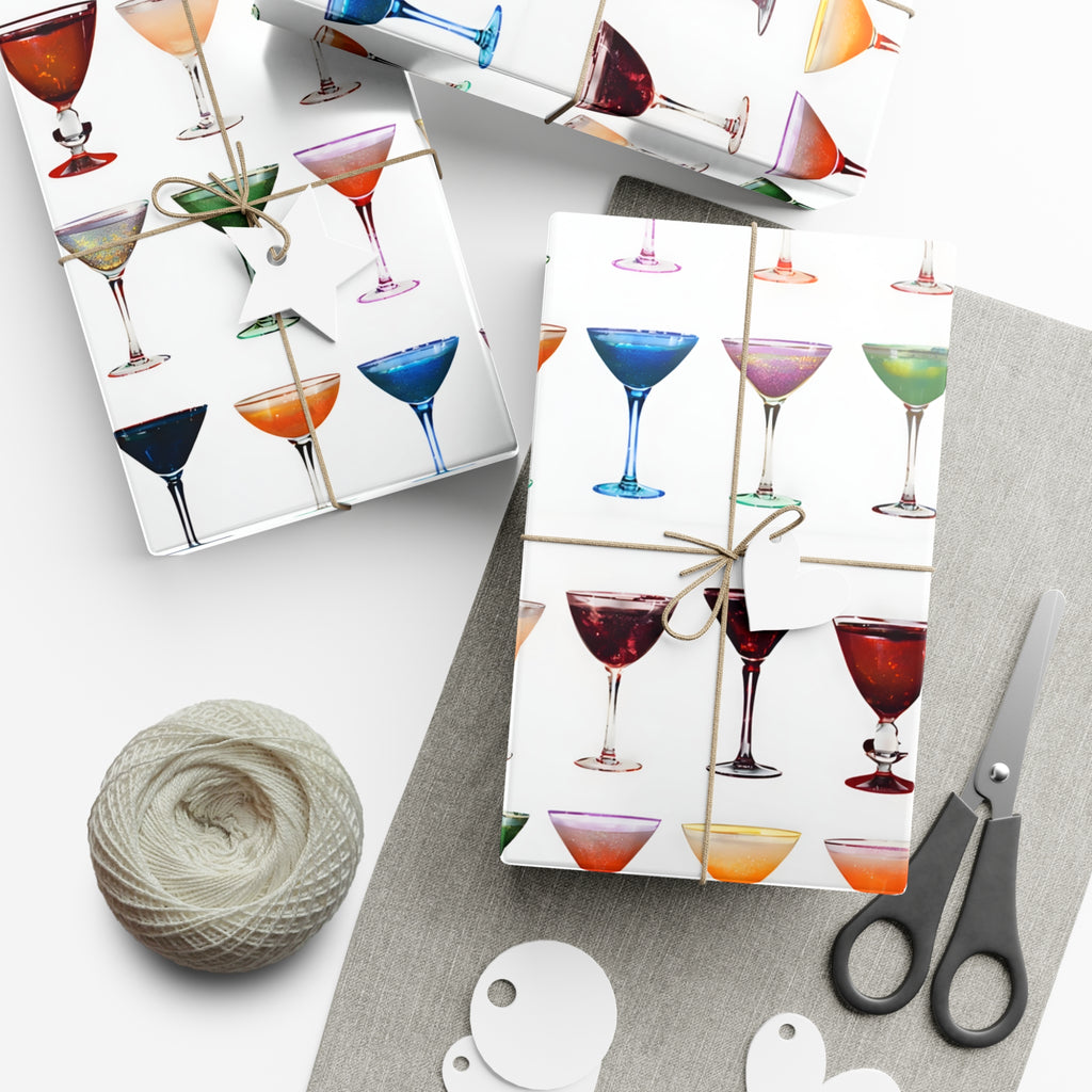 Wrapping Paper, Colorful Cocktails On White Background - Gift Wrap Rolls, Eco-Friendly Gift Wrap, Holiday