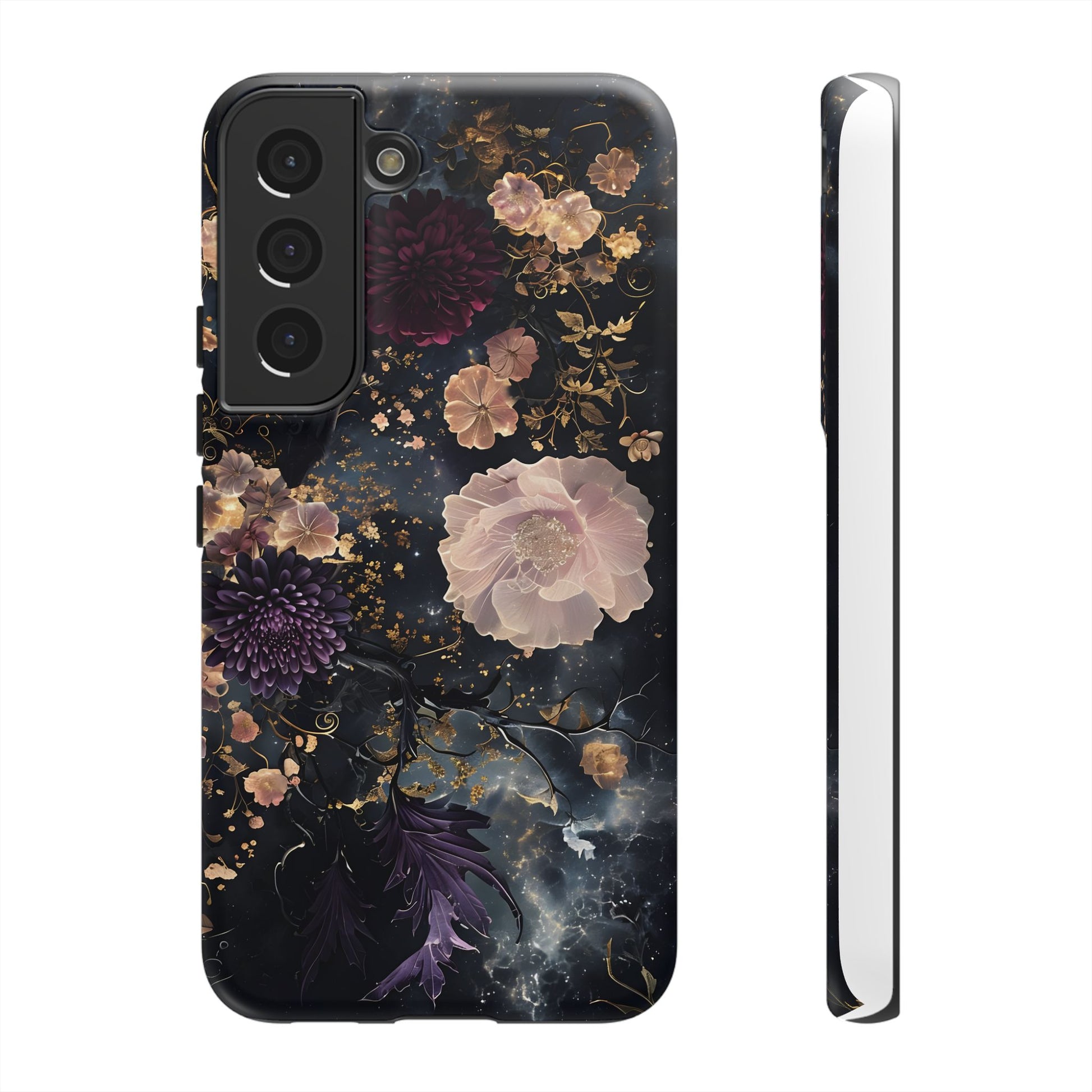 Phone Case, Whimsical Floral Pattern Against Cosmic Nebulous Background. Galaxy, Space, Tough Protective Cover, Unique Gift, Trendy