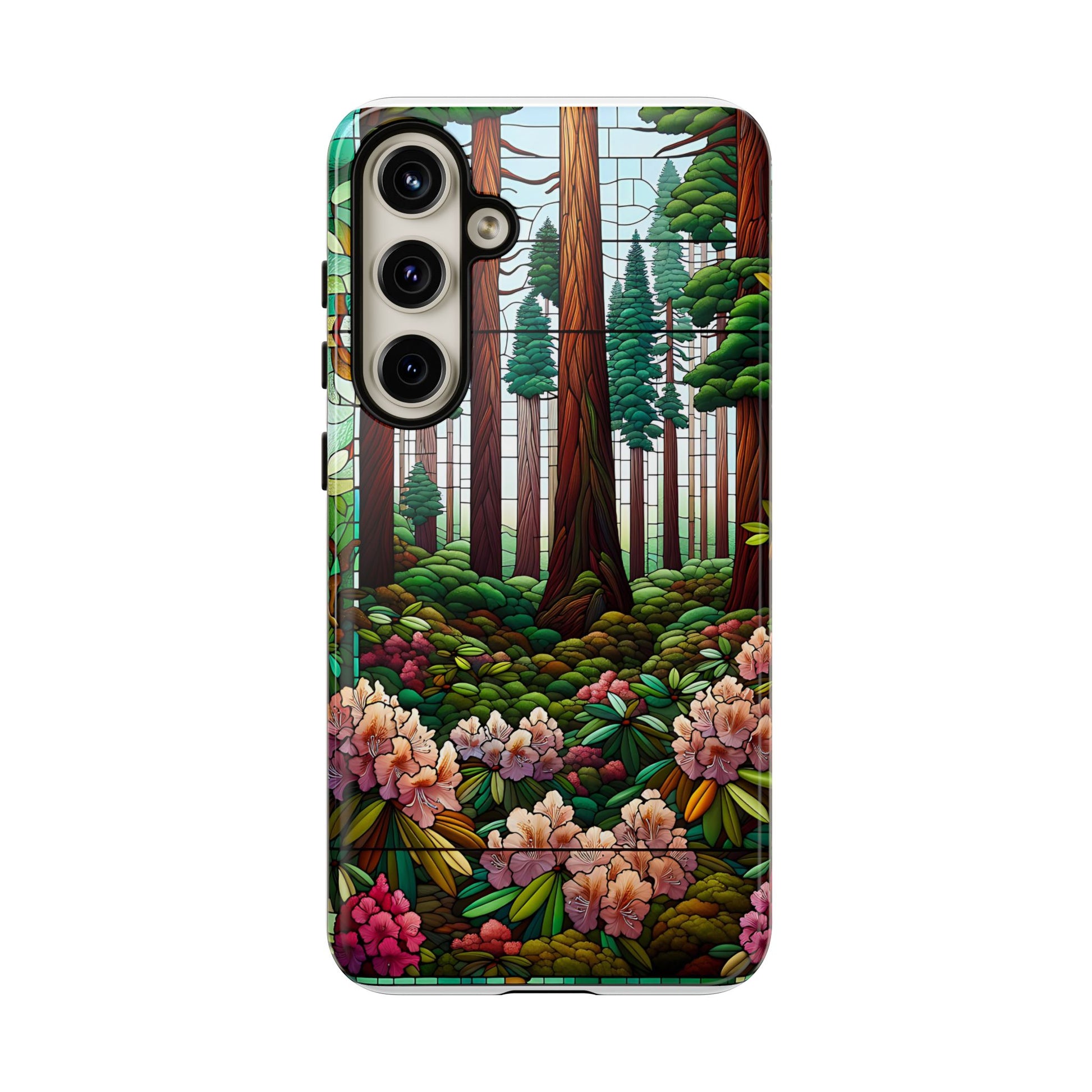 Nature Inspired Tough Cases - Redwood Trees & Rhododendrons Stained Glass iPhone Cover, Protective Phone Shell, Unique Samsung Galaxy Case,