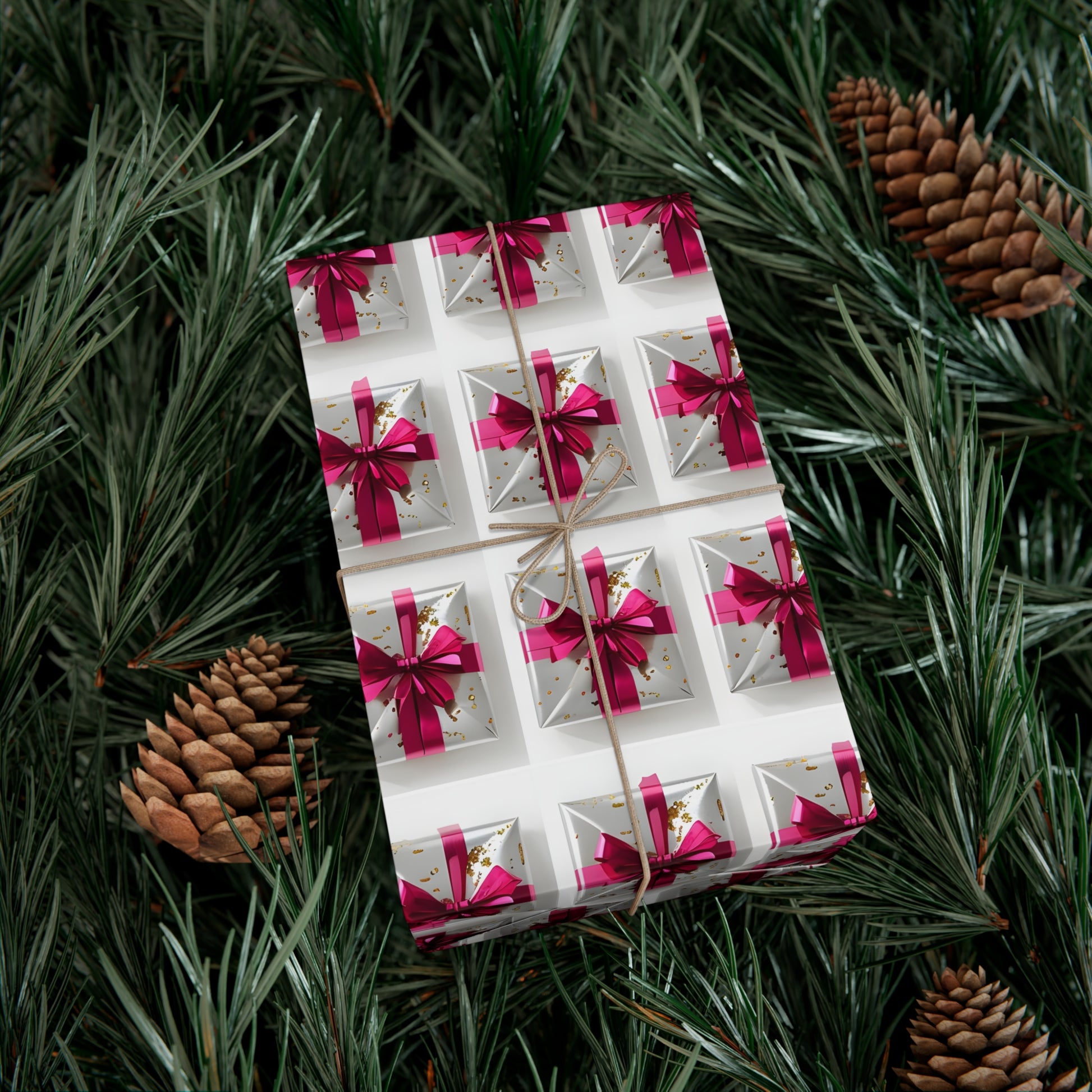 Wrapping Paper, Elegantly Wrapped Gifts On White Background with Hot Pink Bows - Gift Wrap Rolls, Eco-Friendly Gift Wrap, Holiday